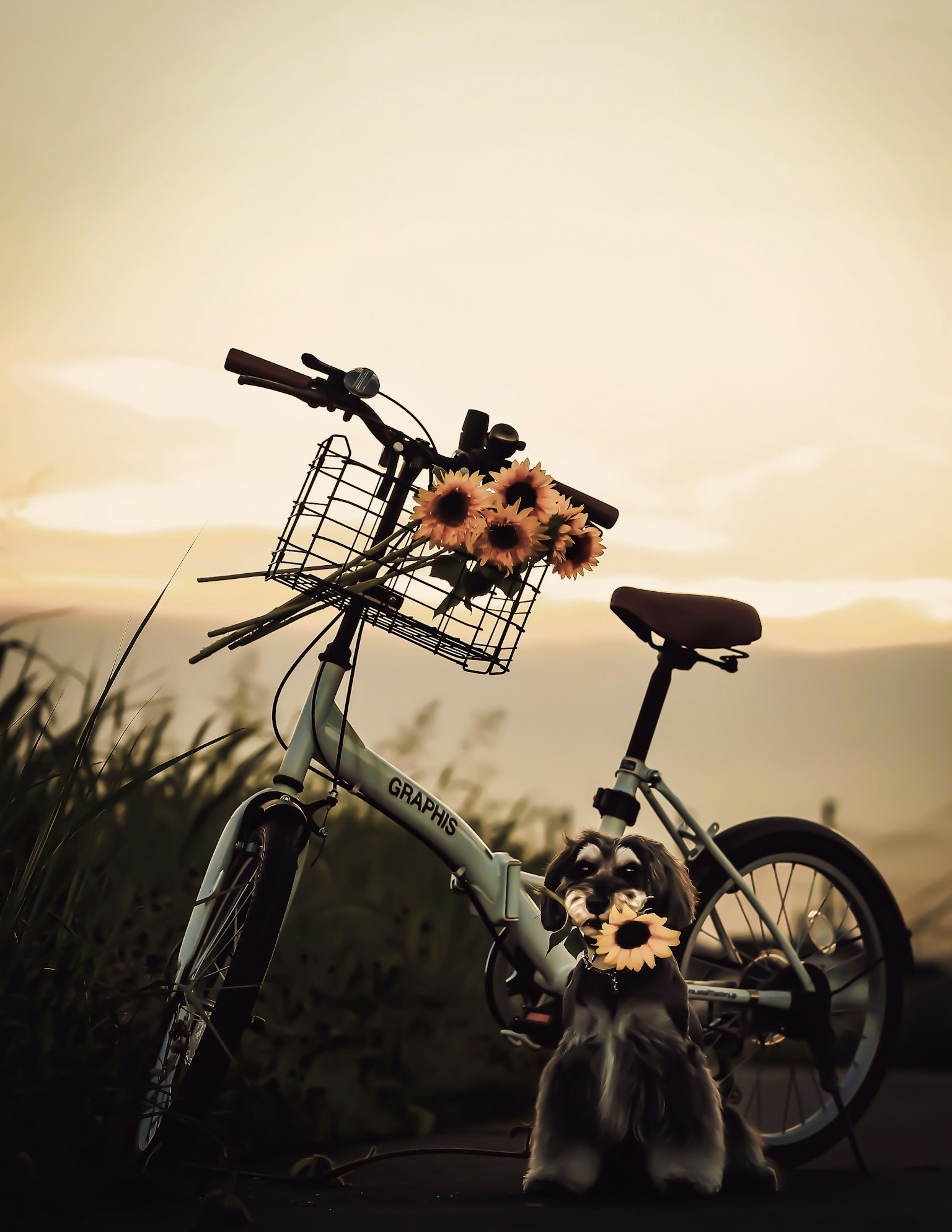 Bicicleta con girasoles y un perro al atardecer