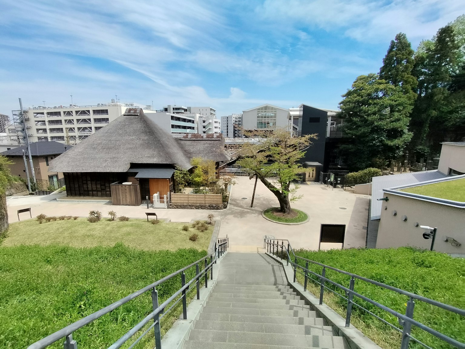 Scenic view featuring stairs leading down to a traditional Japanese building surrounded by greenery