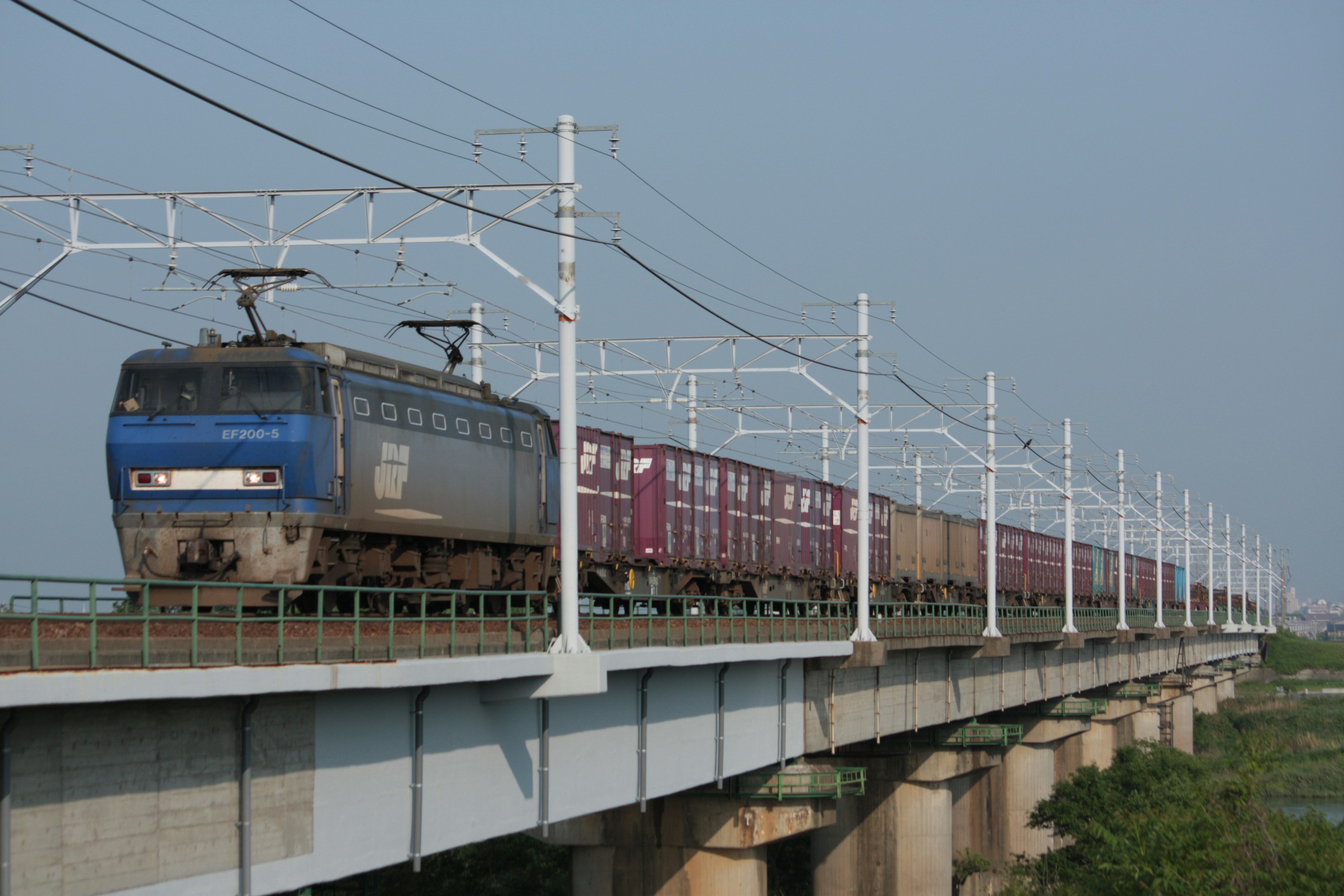 高架橋を走る電車と貨物列車の車両