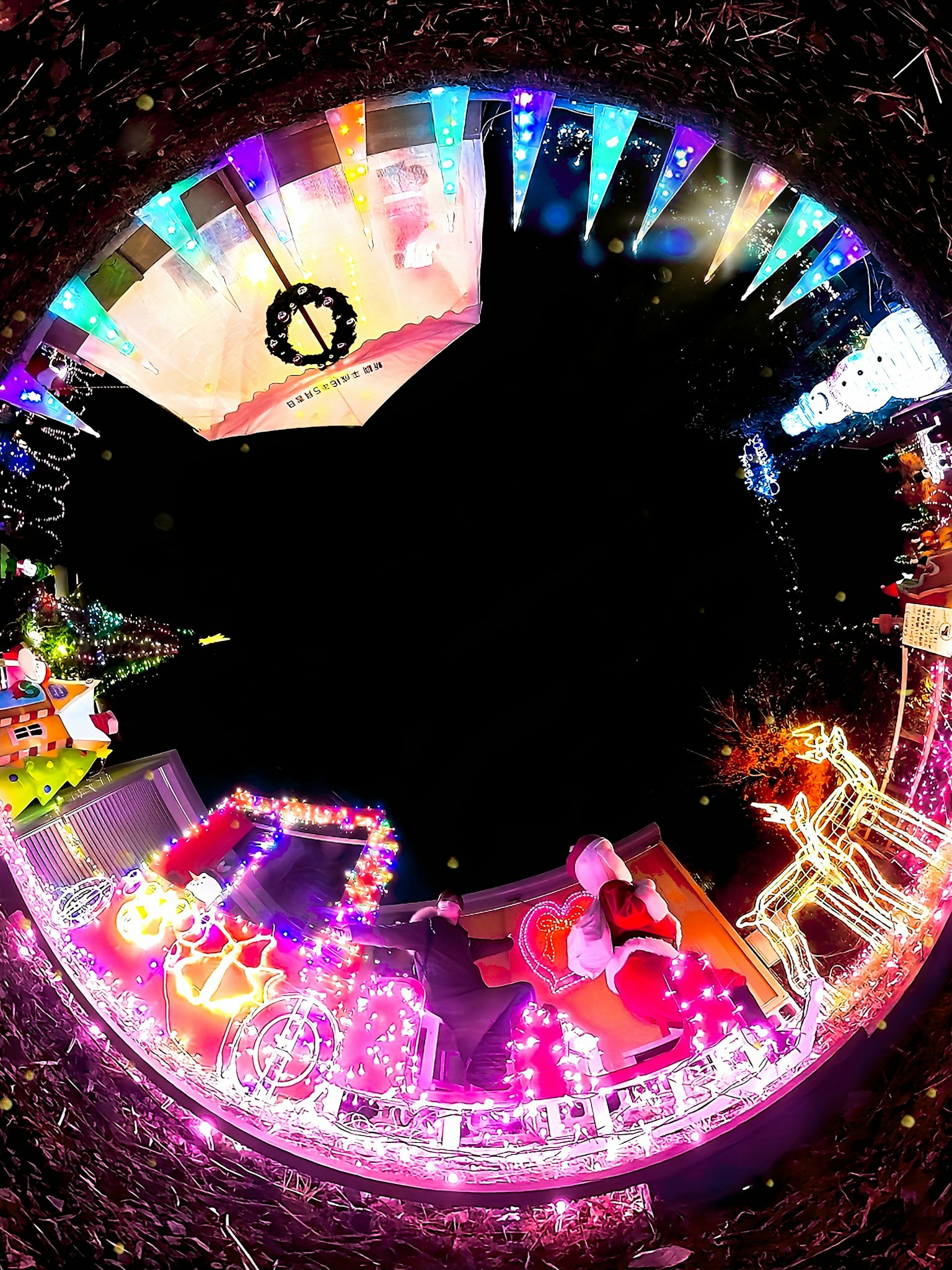 Colorful outdoor scene decorated with Christmas lights Various ornaments and lights are shining