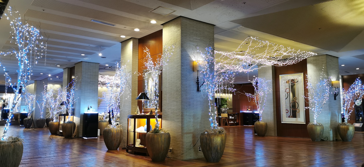 Elegante vestíbulo decorado con árboles blancos y luz cálida