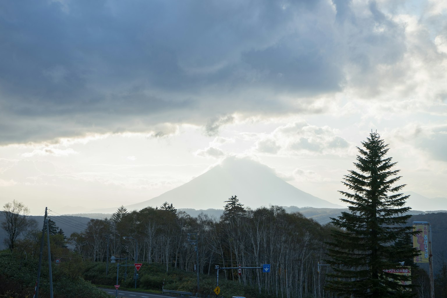 Mont Fuji enveloppé de nuages avec des arbres environnants