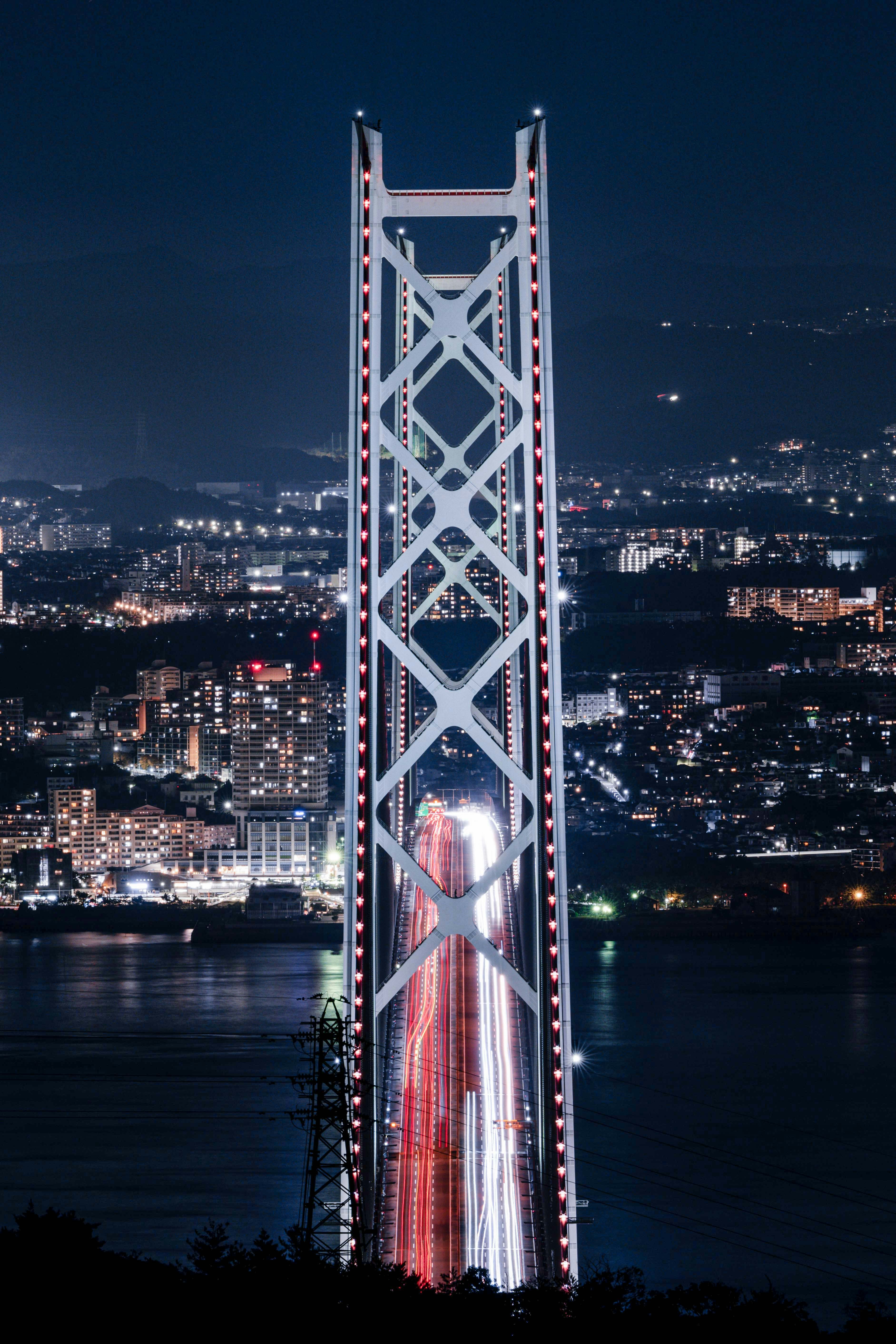 夜景の海上にそびえる橋のライトアップ