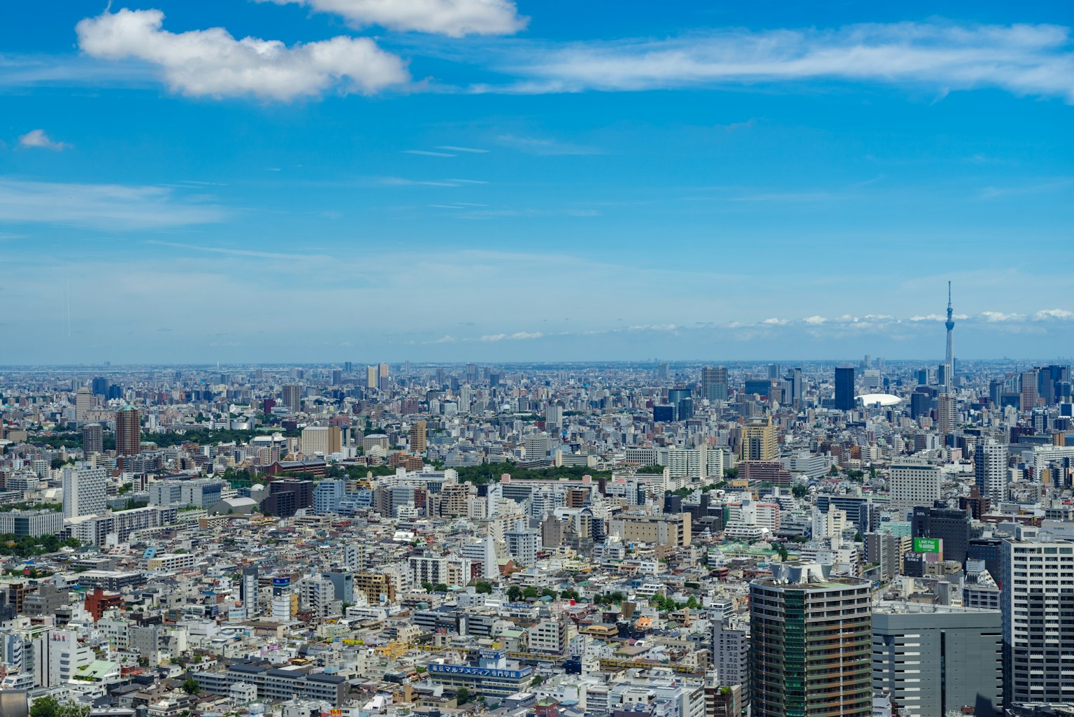 ทิวทัศน์เมืองโตเกียวกว้างใหญ่พร้อมท้องฟ้าสีฟ้าสดใส