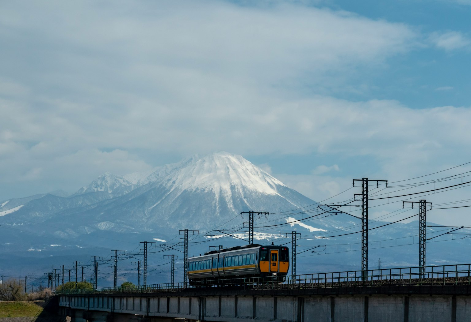 รถไฟที่วิ่งไปตามรางโดยมีภูเขาที่มีหิมะปกคลุมอยู่เบื้องหลังและท้องฟ้าสีฟ้า