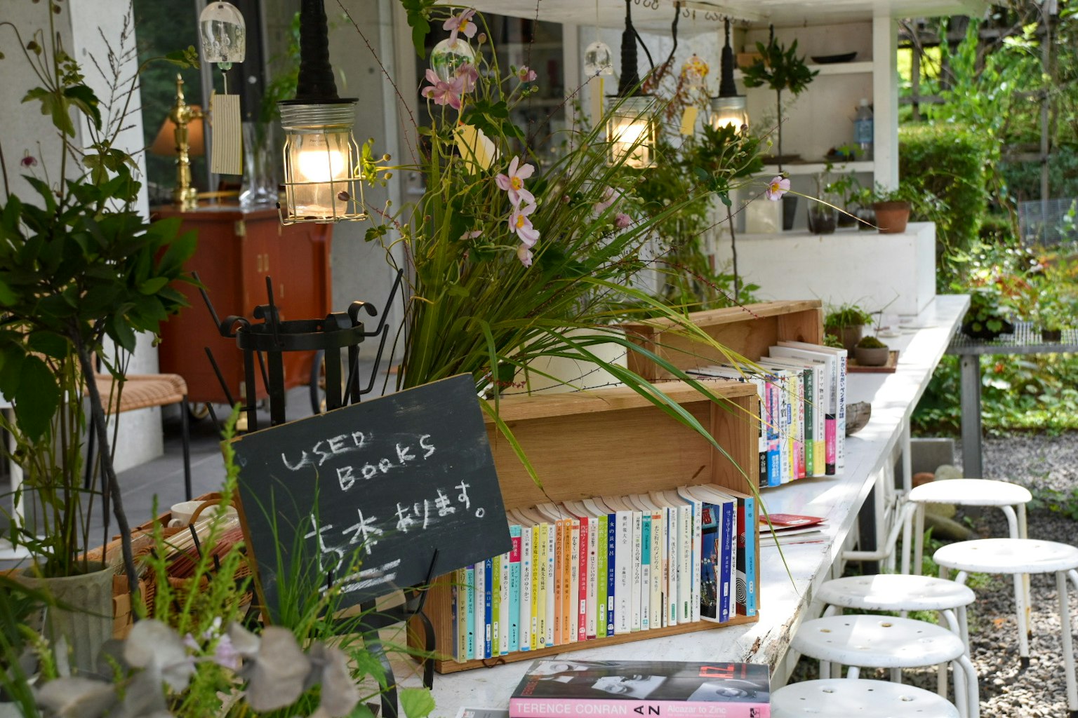 Interno di un caffè circondato da vegetazione con scaffali per libri e tavoli decorati con piante