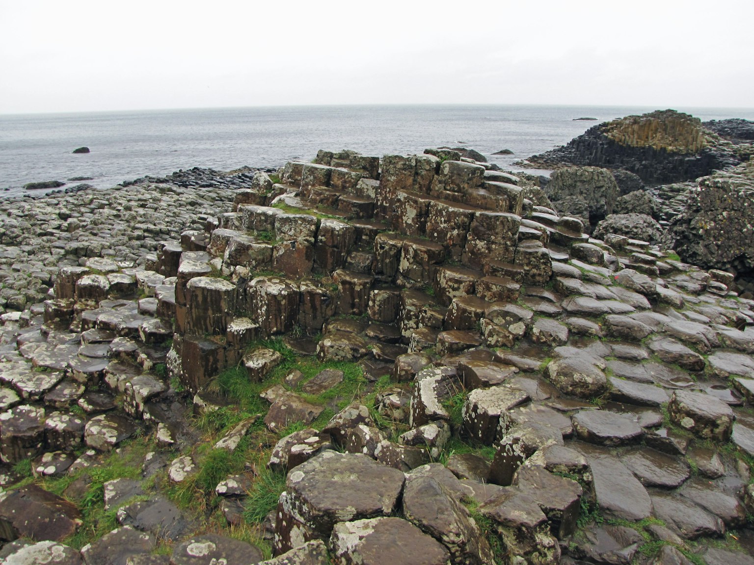 Hexagonal stone formations along the coastline with green grass
