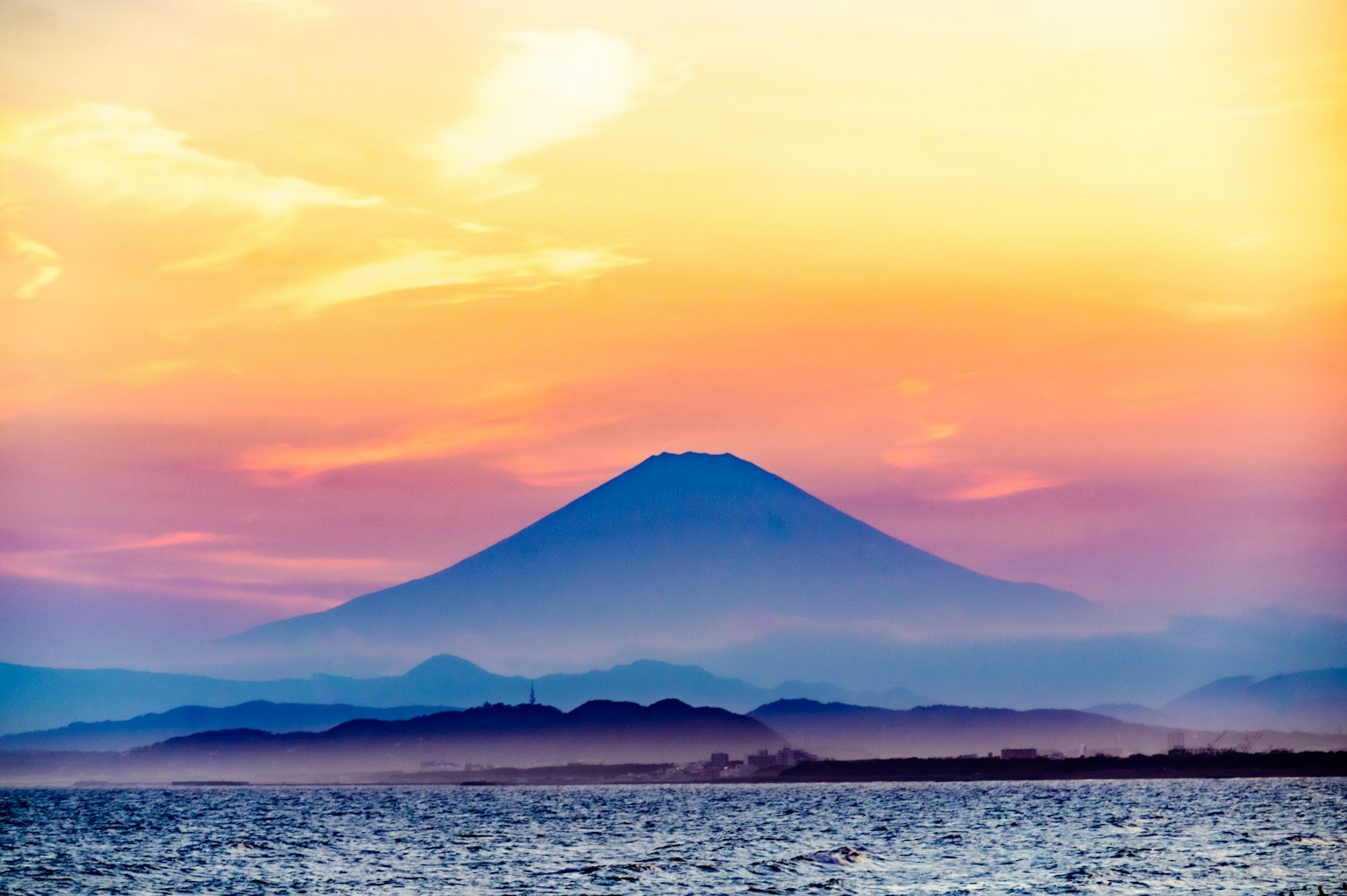 Silhouette of Mount Fuji against a stunning sunset sky