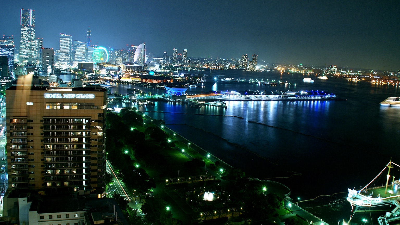 Stunning nighttime view of Yokohama skyline with illuminated buildings