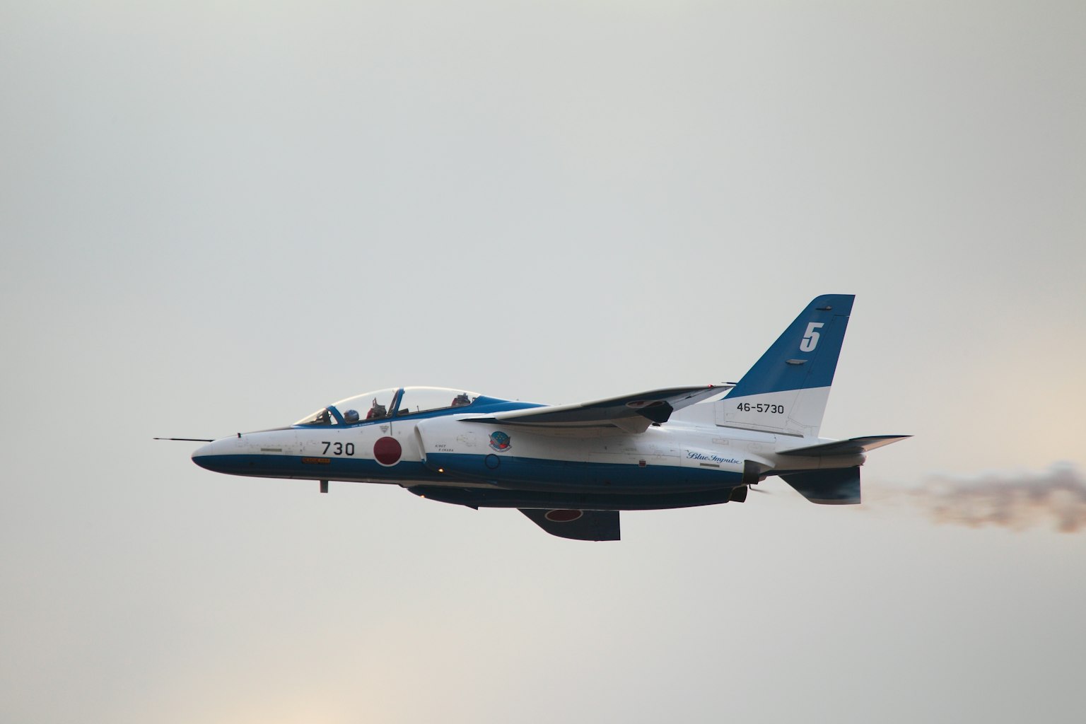 Un caza azul y blanco volando en el cielo