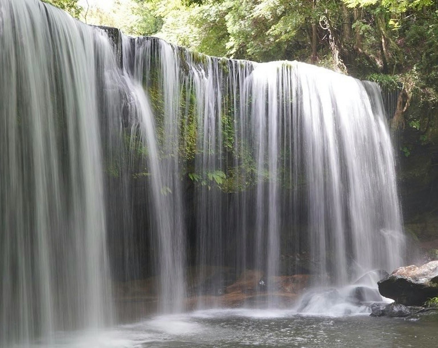 Una hermosa cascada que cae sobre rocas rodeadas de vegetación exuberante