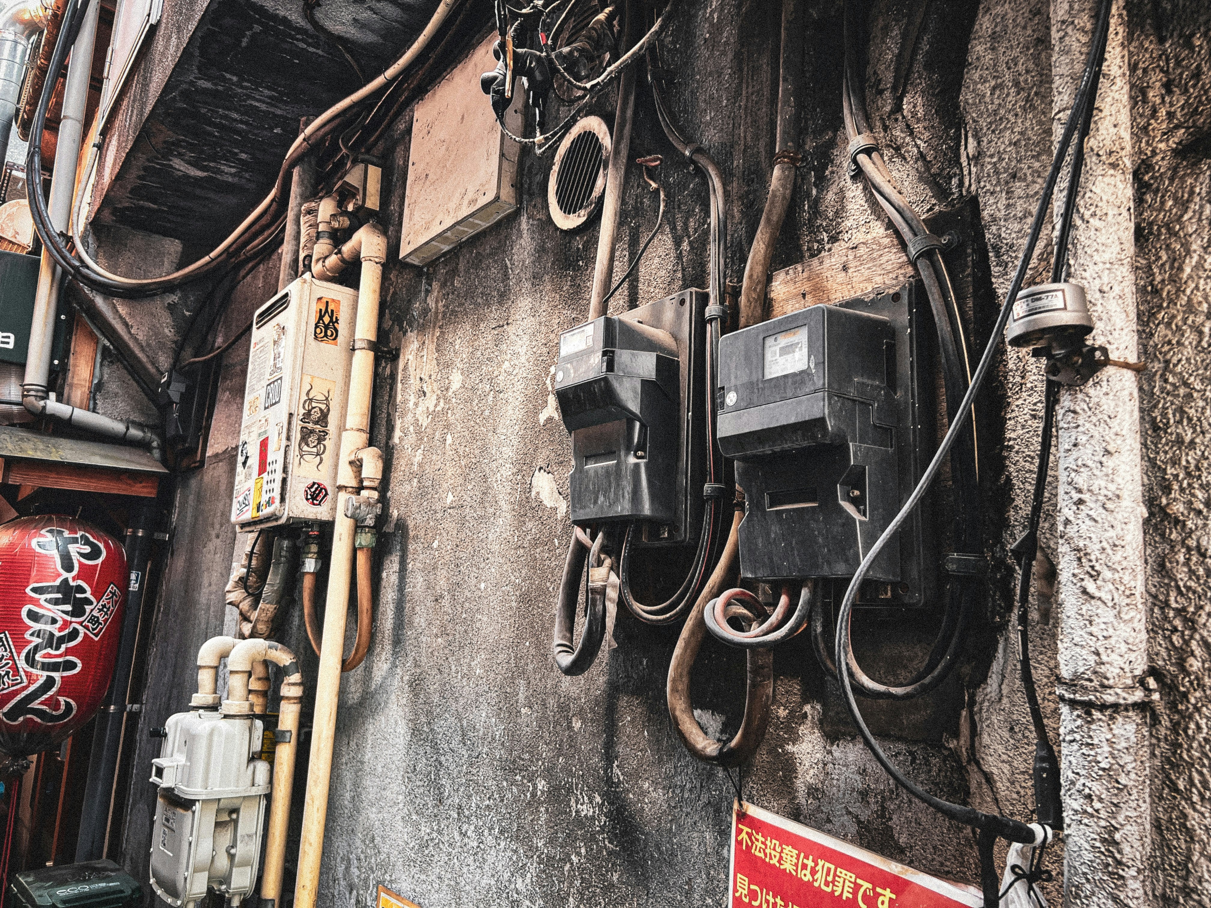 Wires and electrical equipment along a narrow alley wall