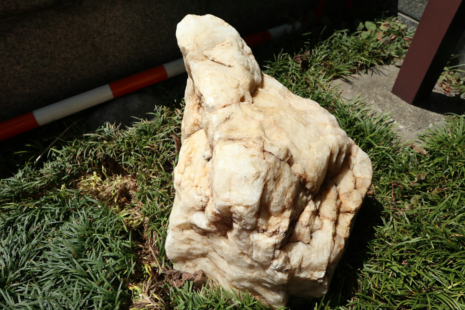 Una grande pietra bianca appoggiata sull'erba verde
