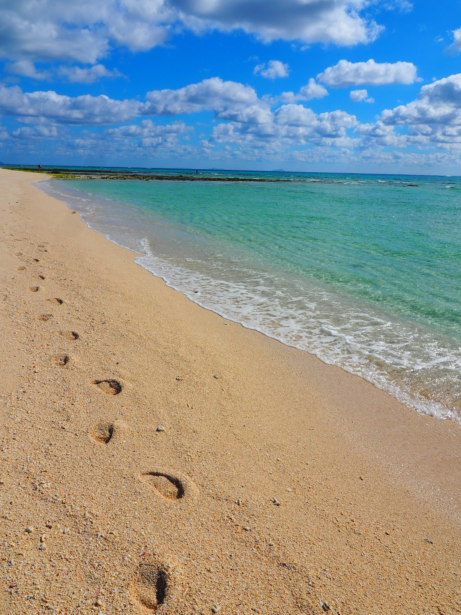 Orme su una spiaggia di sabbia sotto un cielo blu con nuvole soffici