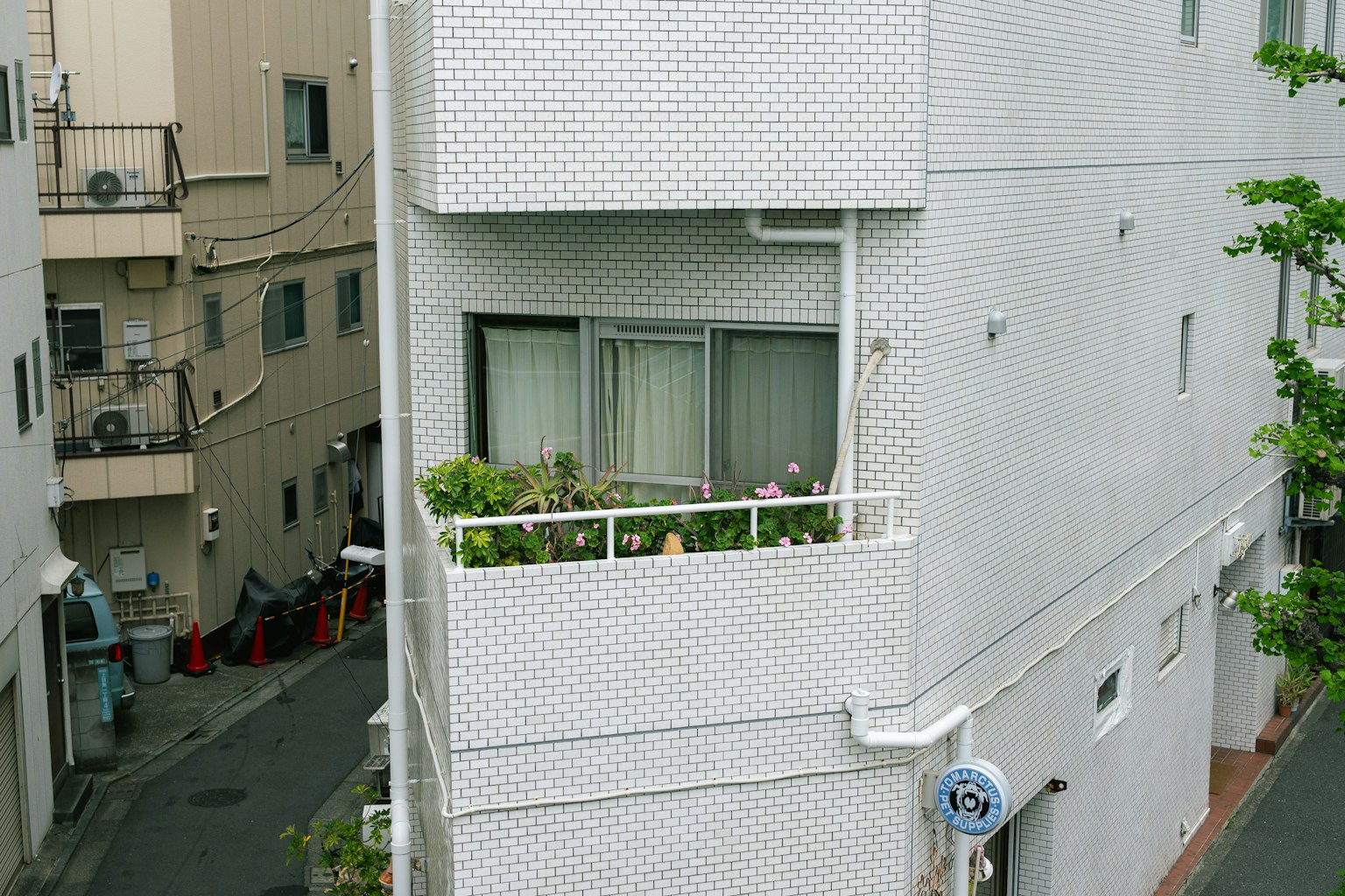 白色公寓建筑的角落视图，阳台上有植物