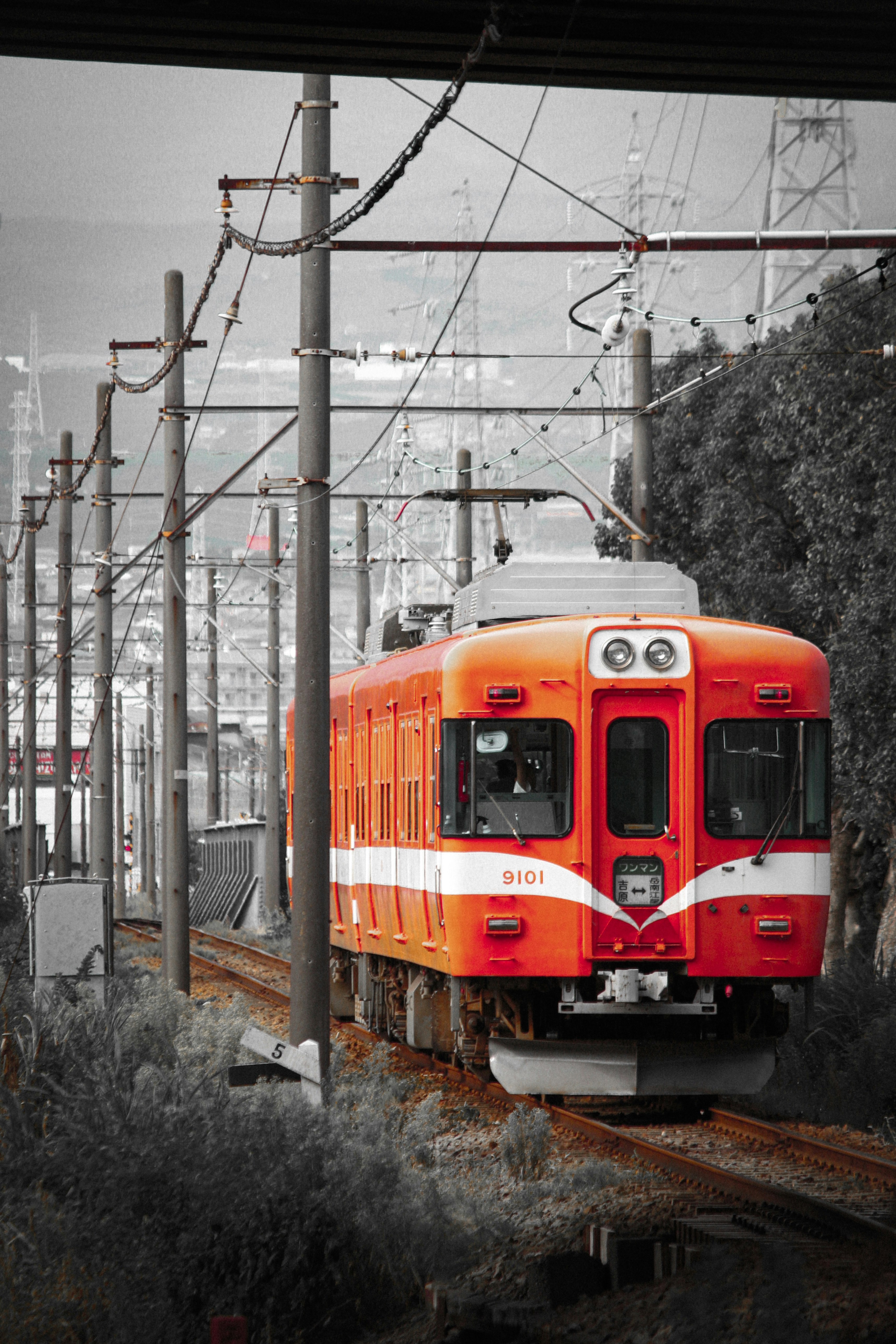 An orange train running on tracks in a local landscape