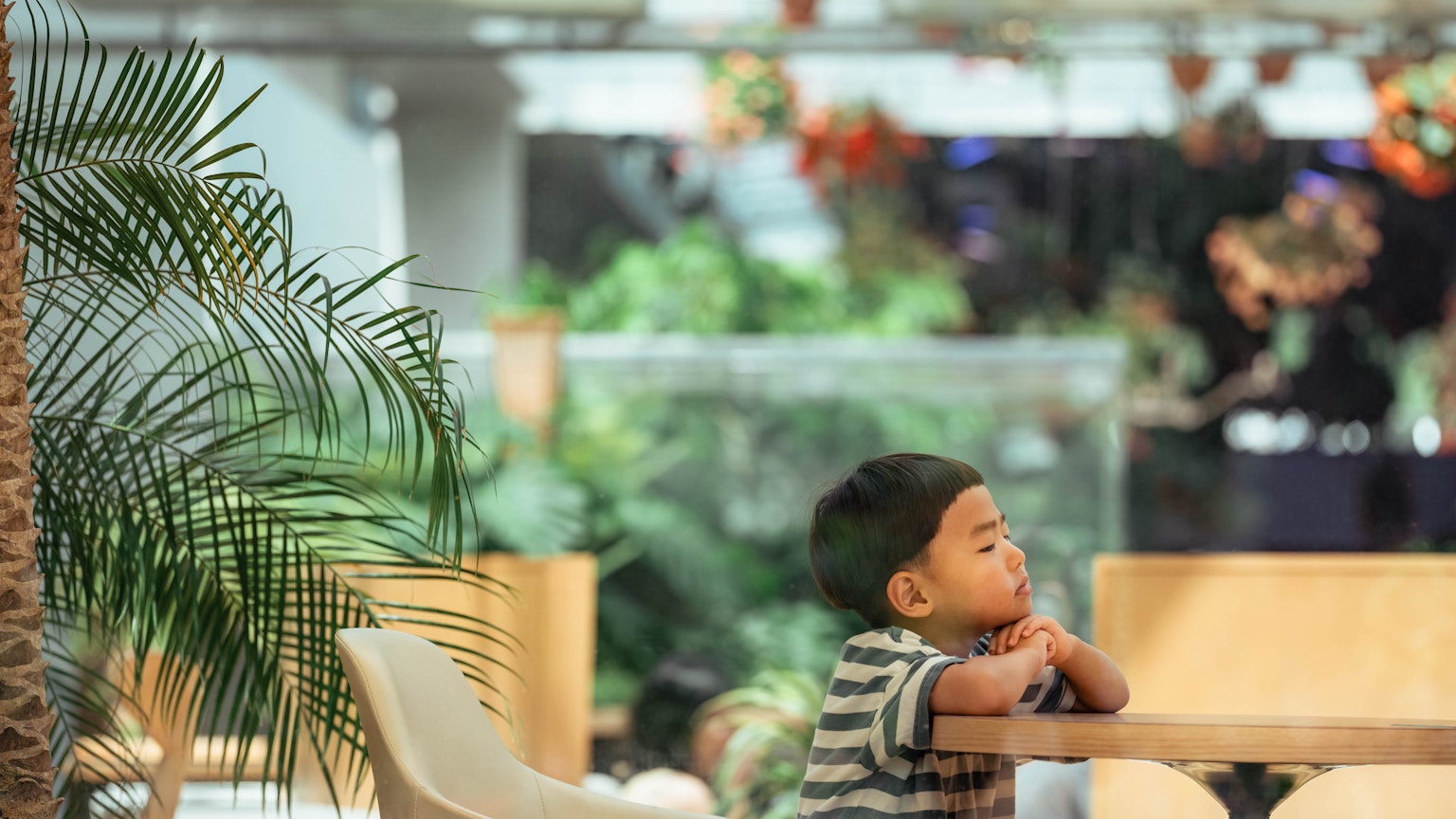 A child sitting at a table in a lush green cafe scene