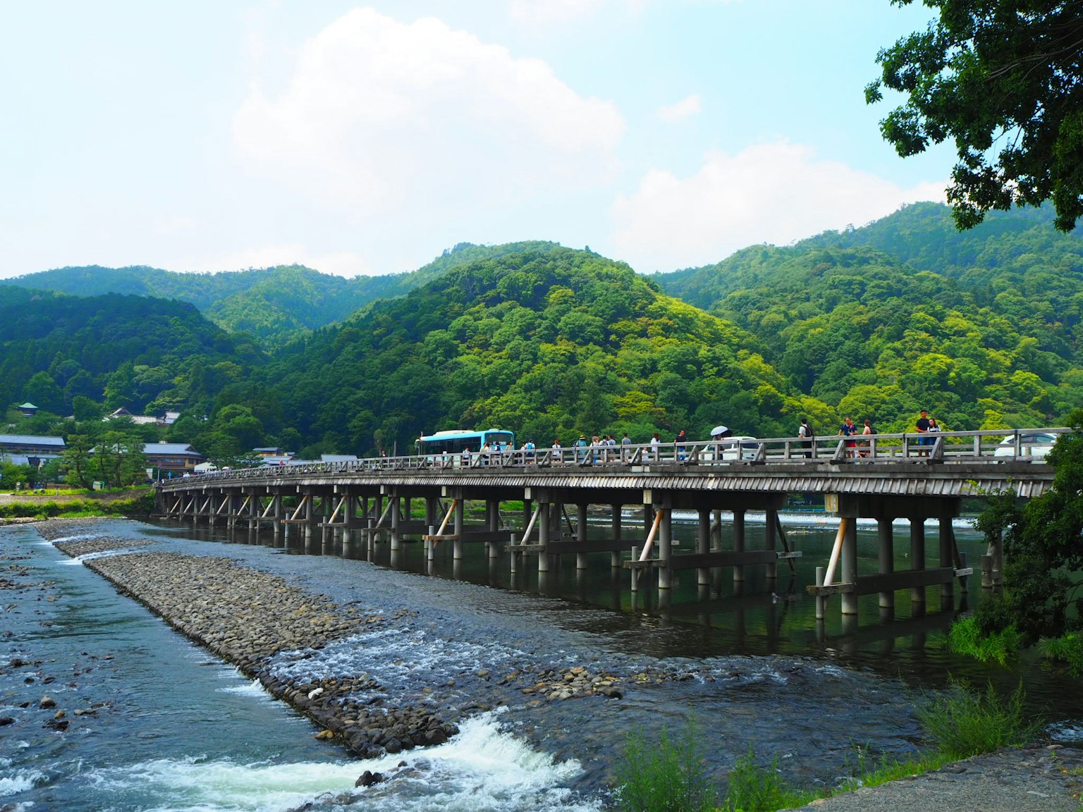 ทิวทัศน์ของสะพานข้ามแม่น้ำพร้อมภูเขาสีเขียวในพื้นหลัง