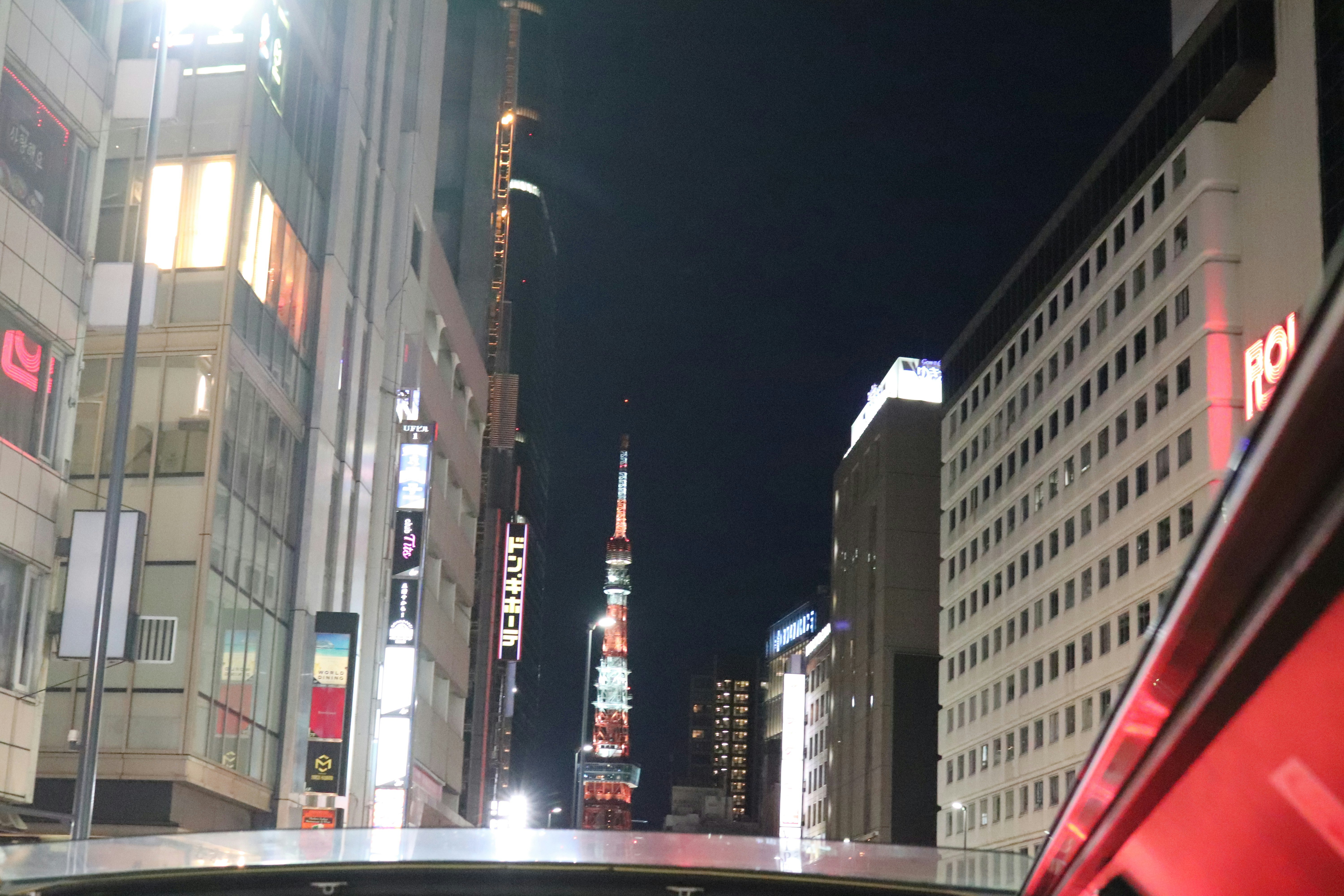 夜のビル街にそびえる東京スカイツリーの夜景
