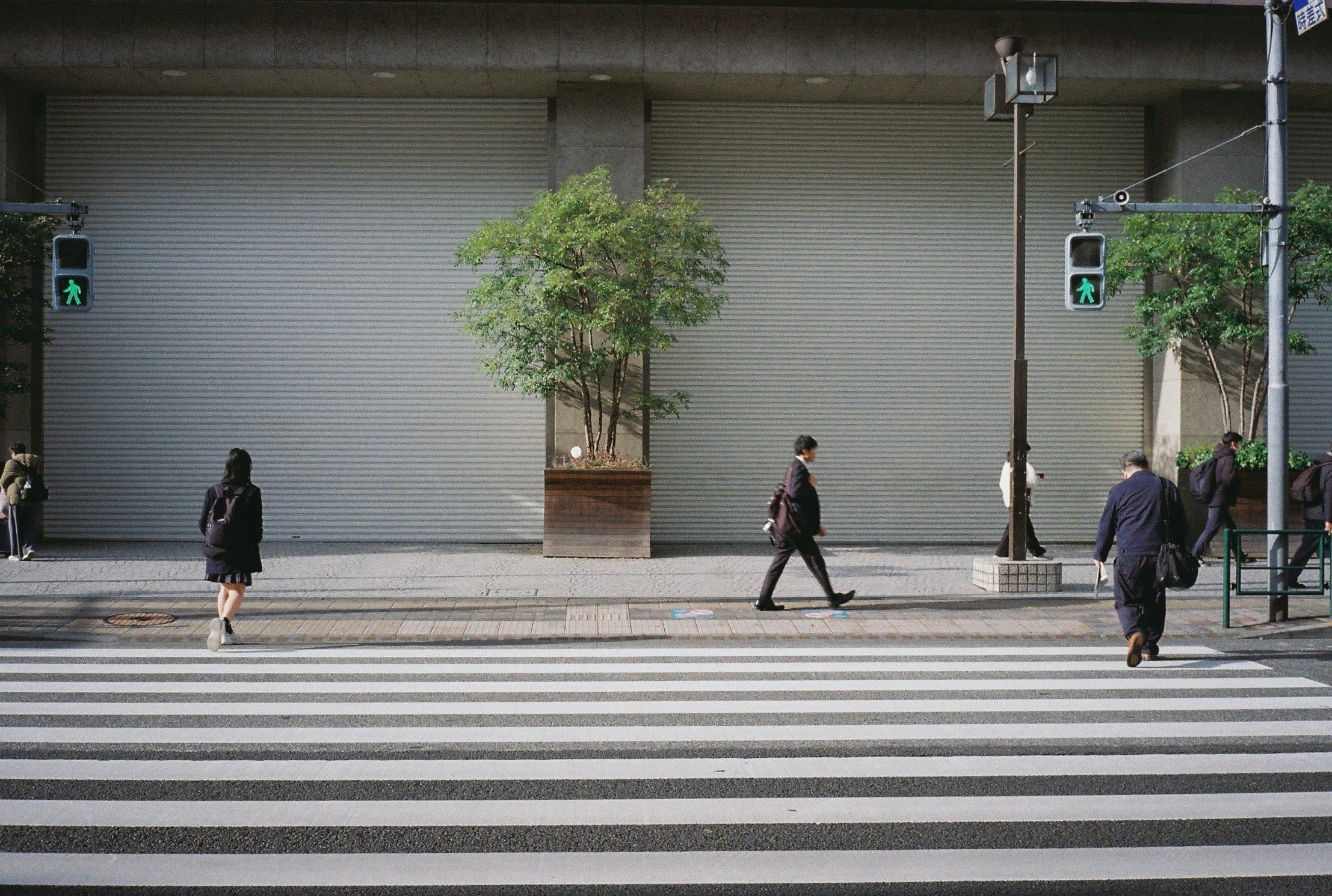 大きなシャッターの壁の前を横断する人々のいる横断歩道