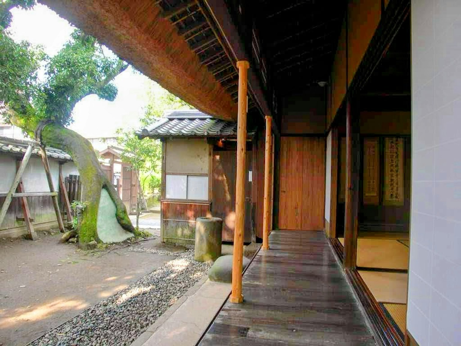 ภายในบ้านญี่ปุ่นแบบดั้งเดิมพร้อมวิวสวนระเบียงไม้และพืชเขียวชอุ่ม