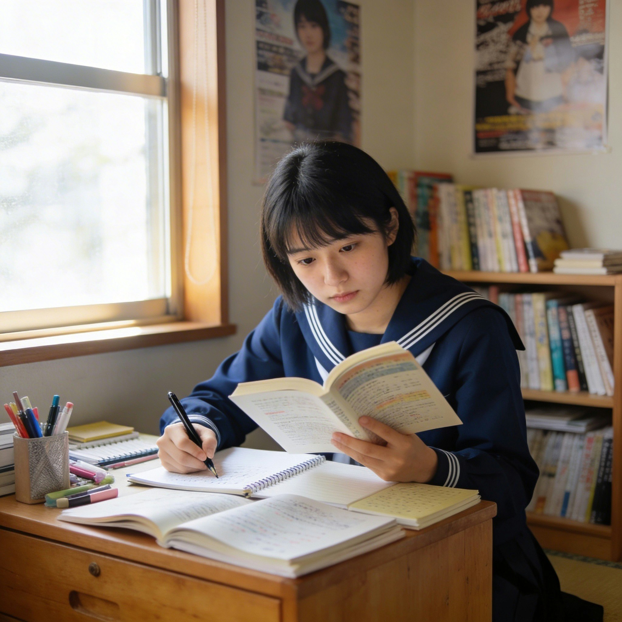 窓辺でノートに書き込みながら本を読む学生の勉強風景