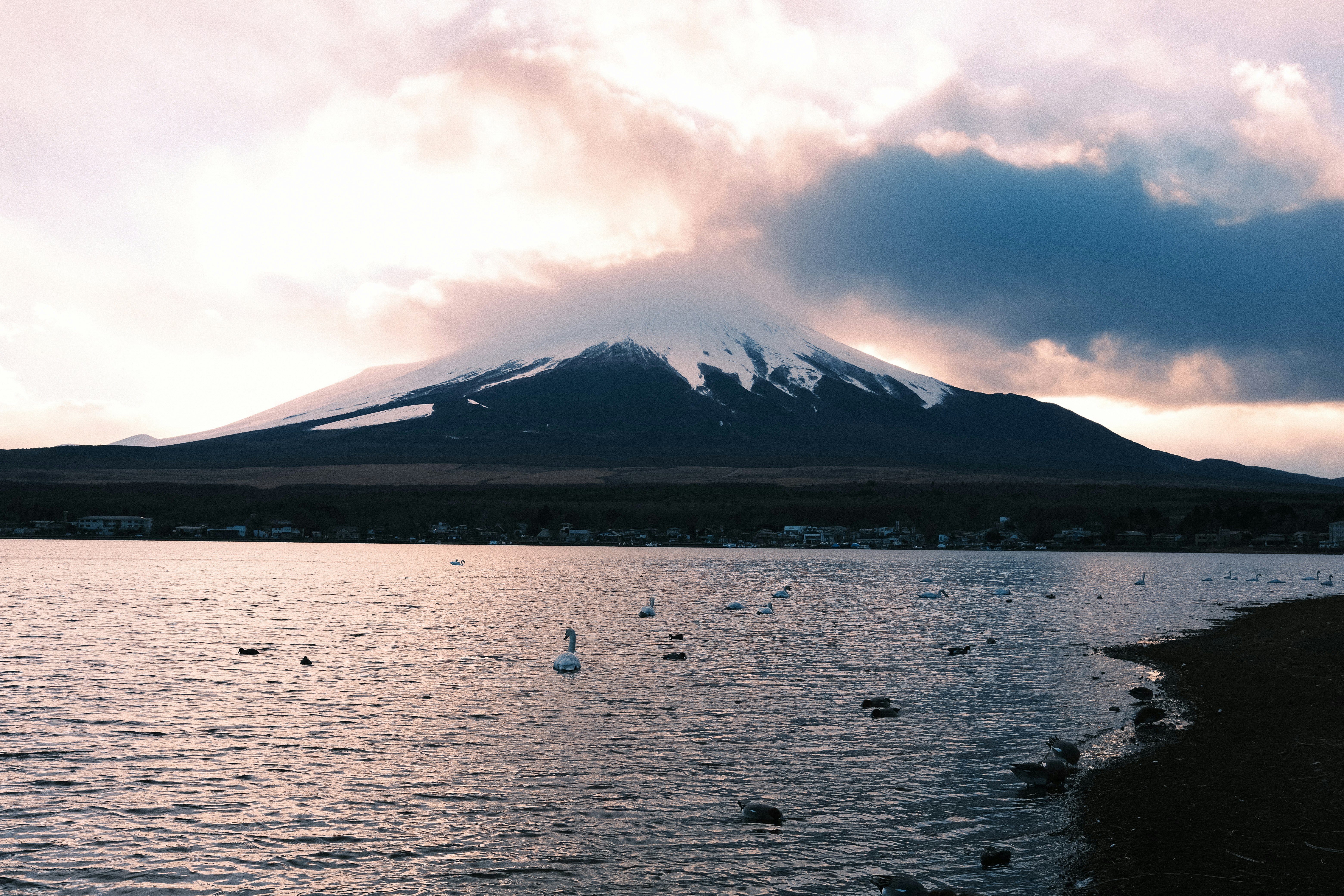 山中湖畔の水面と富士山を望む夕景