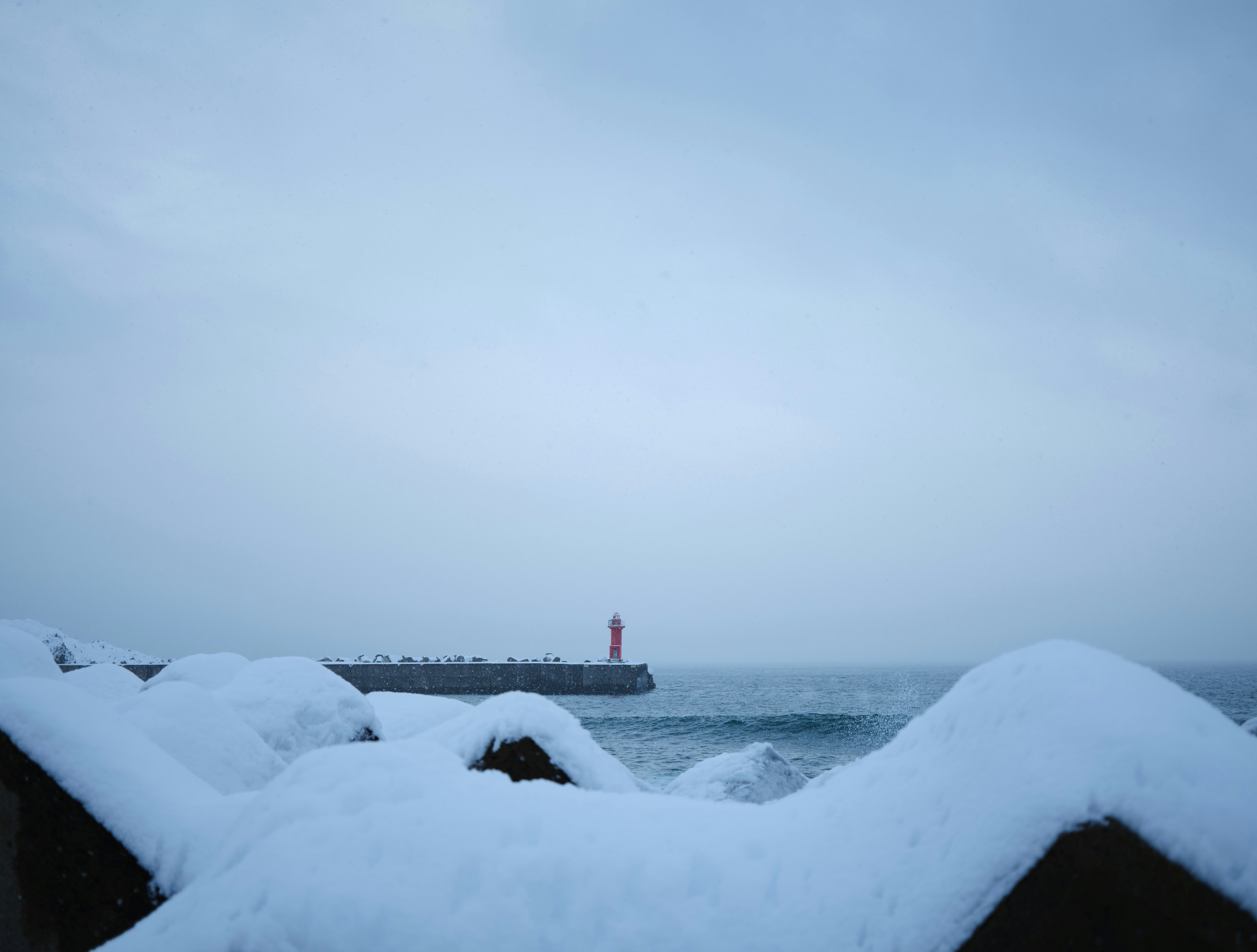 雪に覆われた海岸の波打ち際と沖の灯台