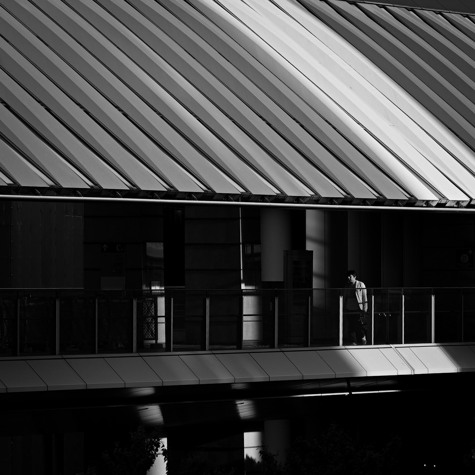 Une personne se tenant sur un balcon avec un toit de bâtiment moderne en contraste noir et blanc