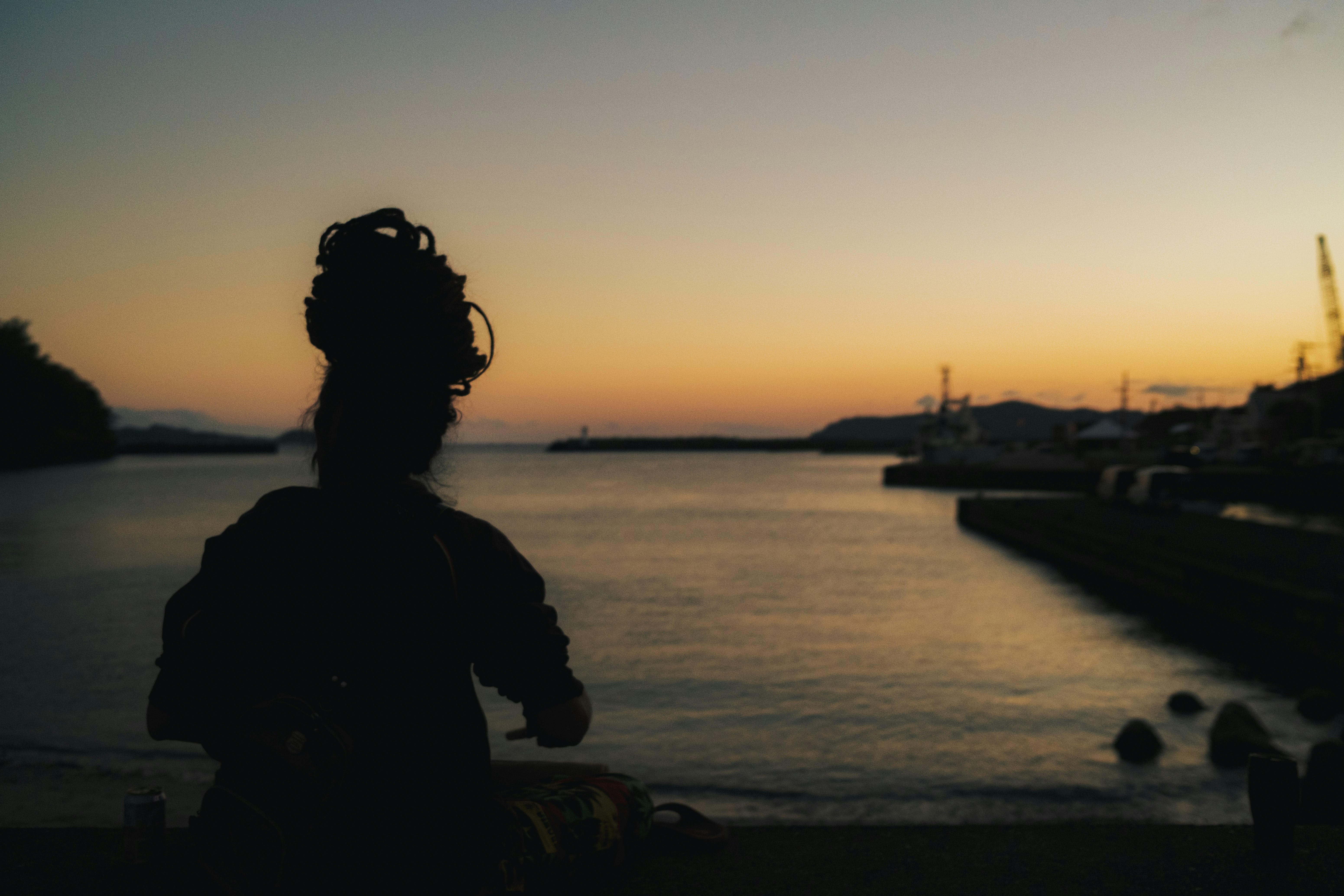 夕暮れの海辺でシルエットの人物が立つ景色