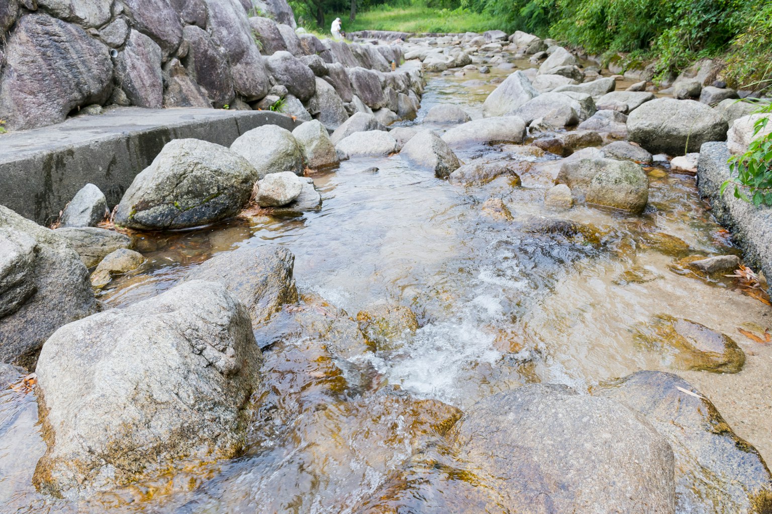 Un ruisseau coulant sur de grosses pierres dans un cadre naturel