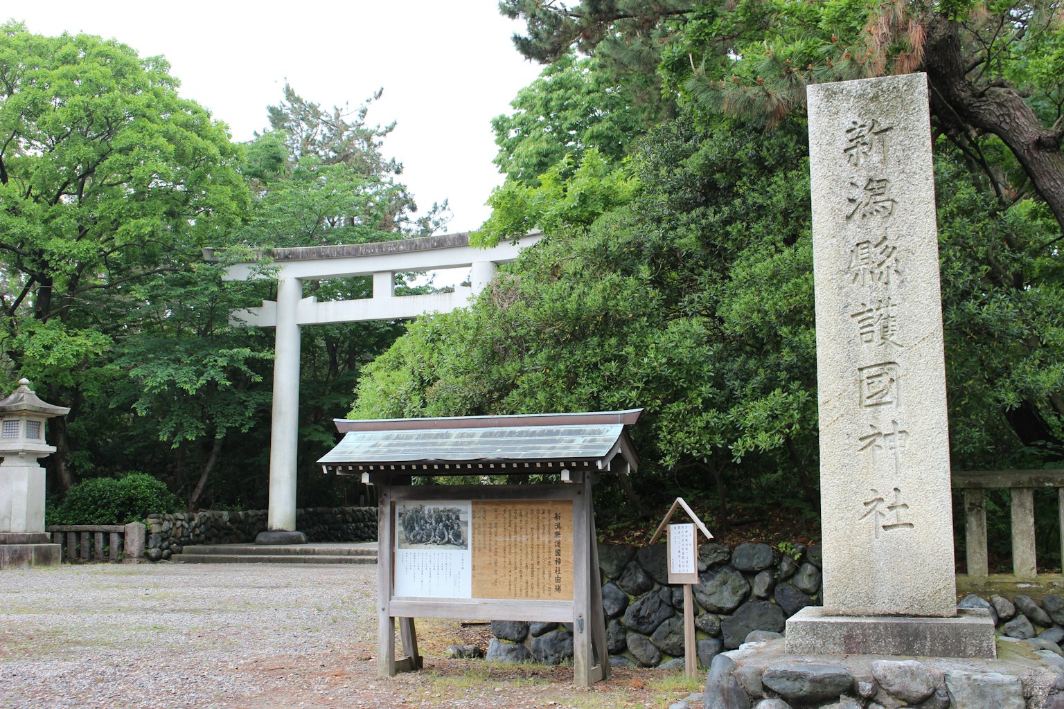 被綠色植物環繞的寧靜神社入口，有鳥居和石碑