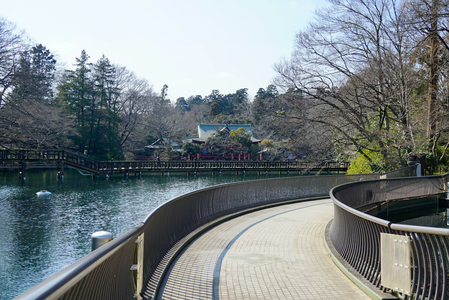 Curved walkway along a tranquil lake with trees and buildings in the distance