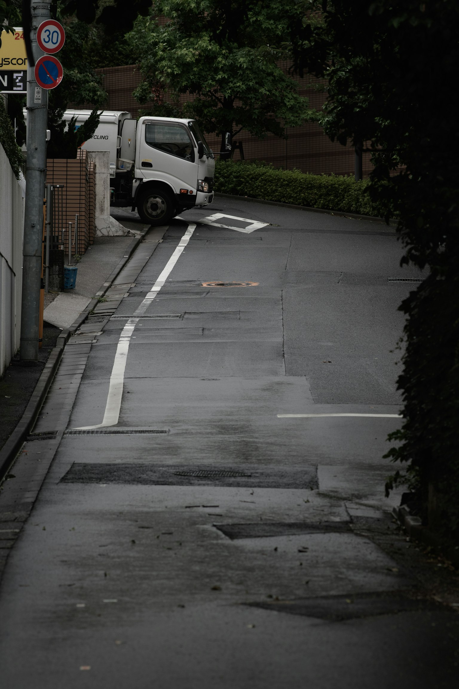 狹窄的街道上停著小型卡車和綠色樹木