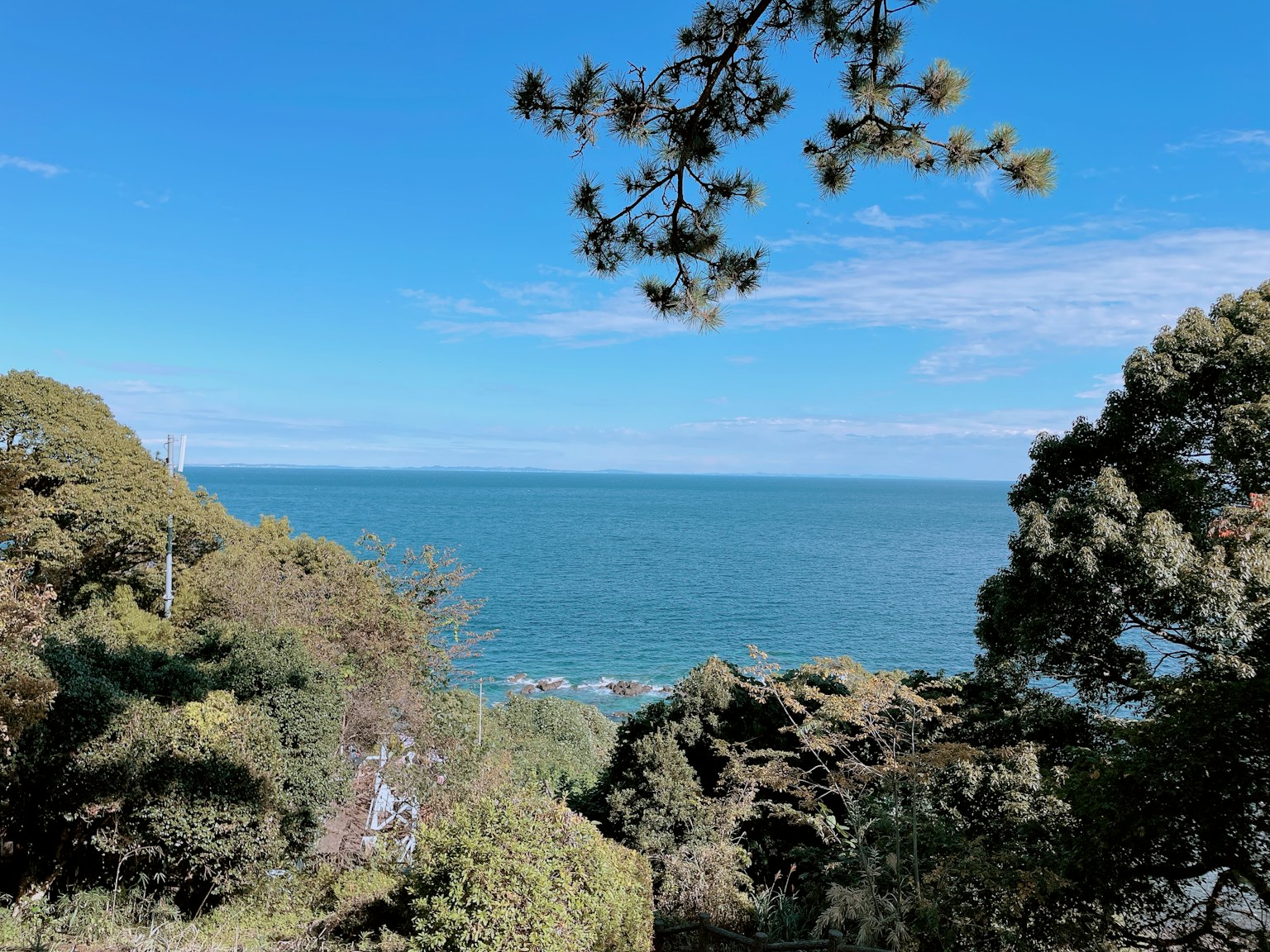 Szenische Aussicht auf den blauen Ozean und grüne Bäume