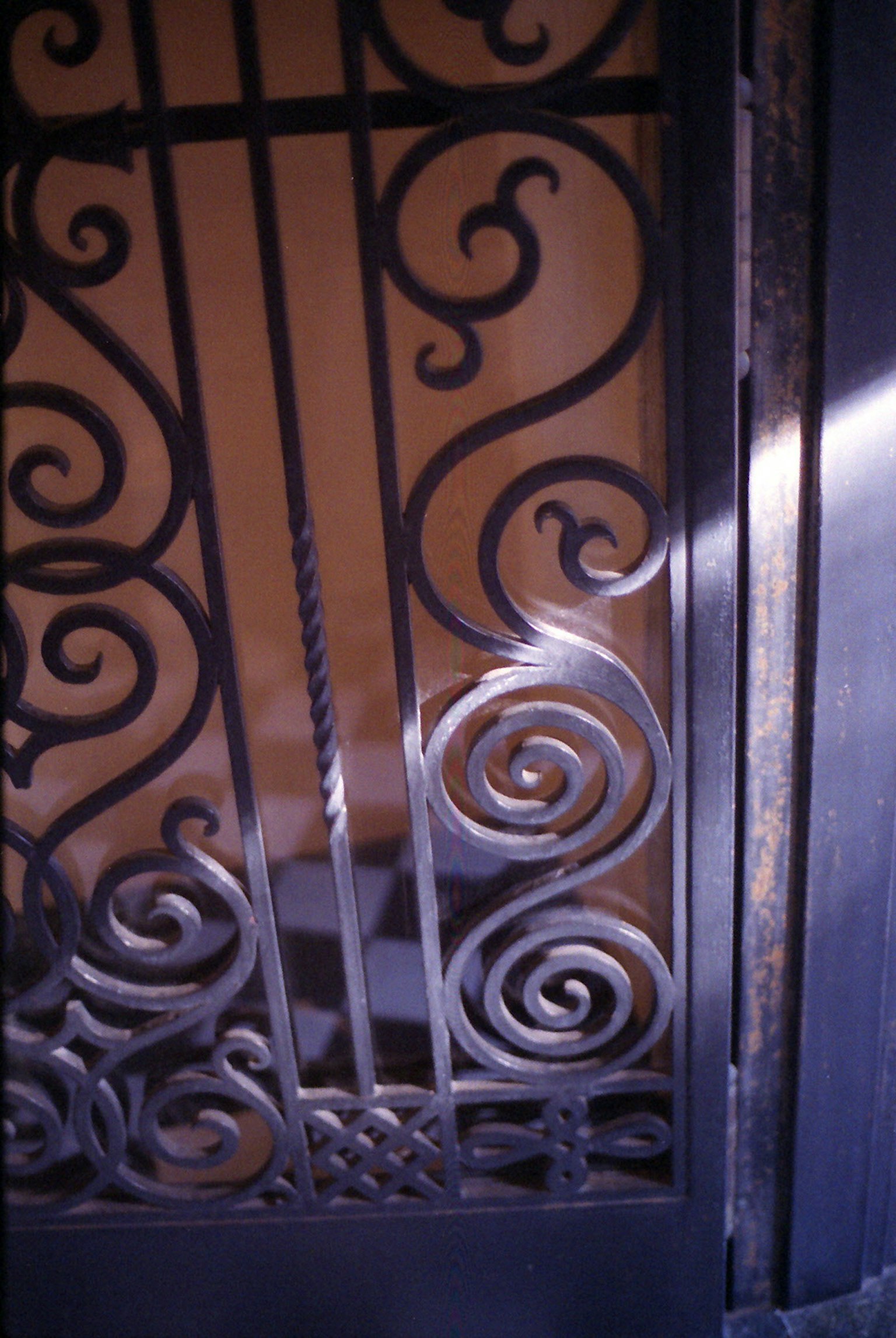 Primo piano di un cancello decorativo in ferro battuto con motivi a spirale e riflessi di luce