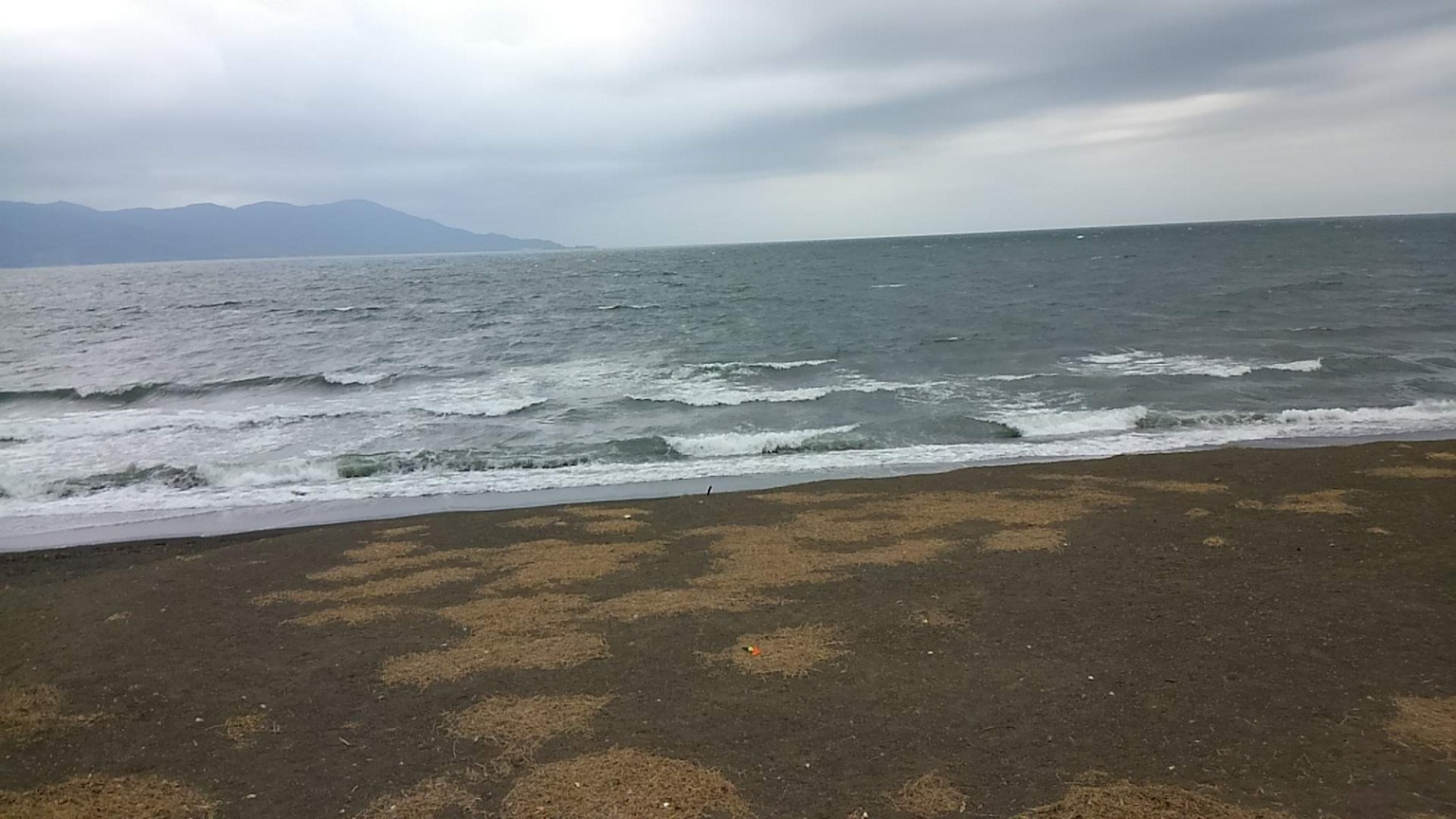 海岸風景 波浪拍打沙灘 陰雲密布的天空和遠處的山脈