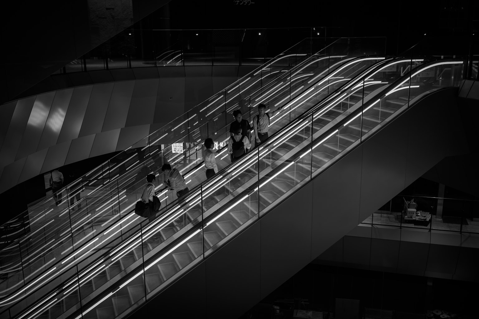 Foto en blanco y negro de personas subiendo una escalera con hermosos reflejos de luz