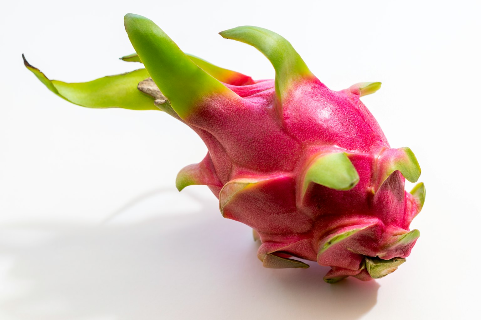 Frutto del drago rosa vivace con punte verdi mostrato di lato