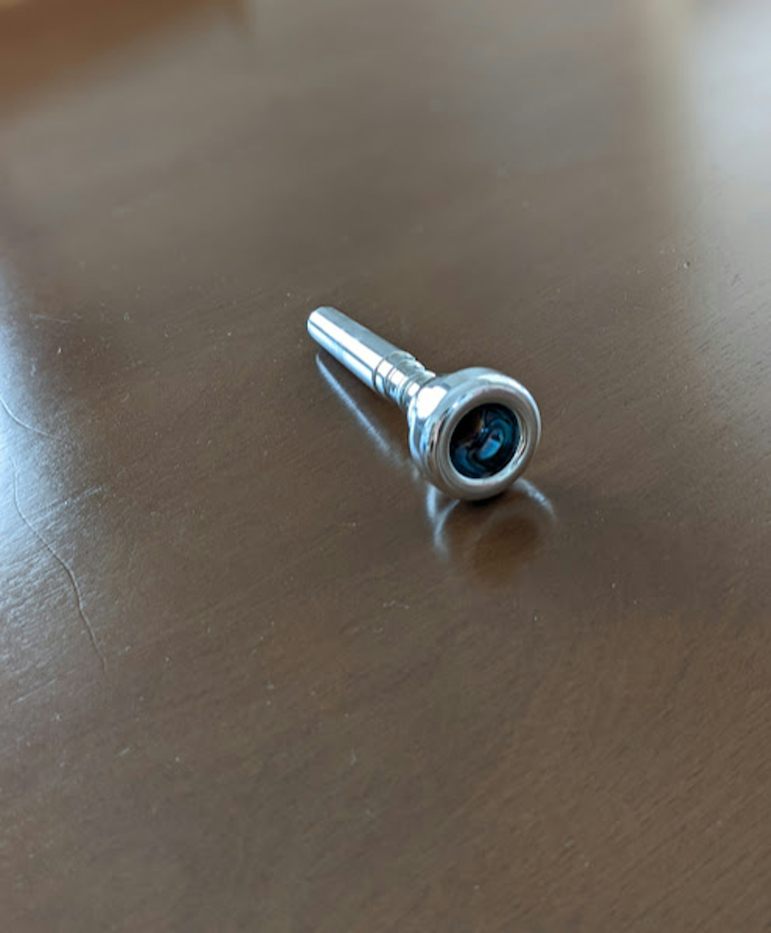 Un tornillo plateado brillante sobre una mesa de madera brillante