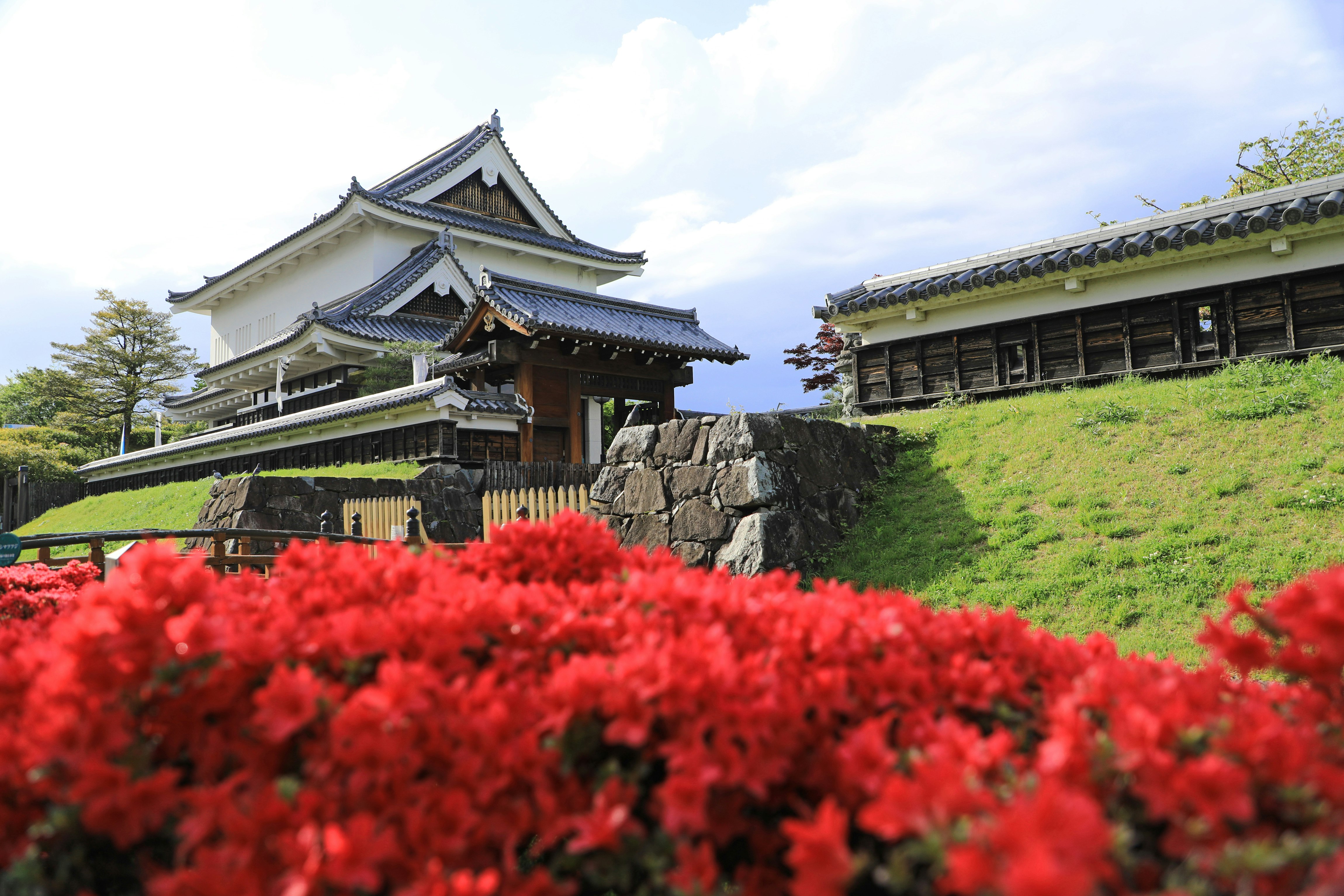 赤い花の前にある日本家屋風の庭と建物