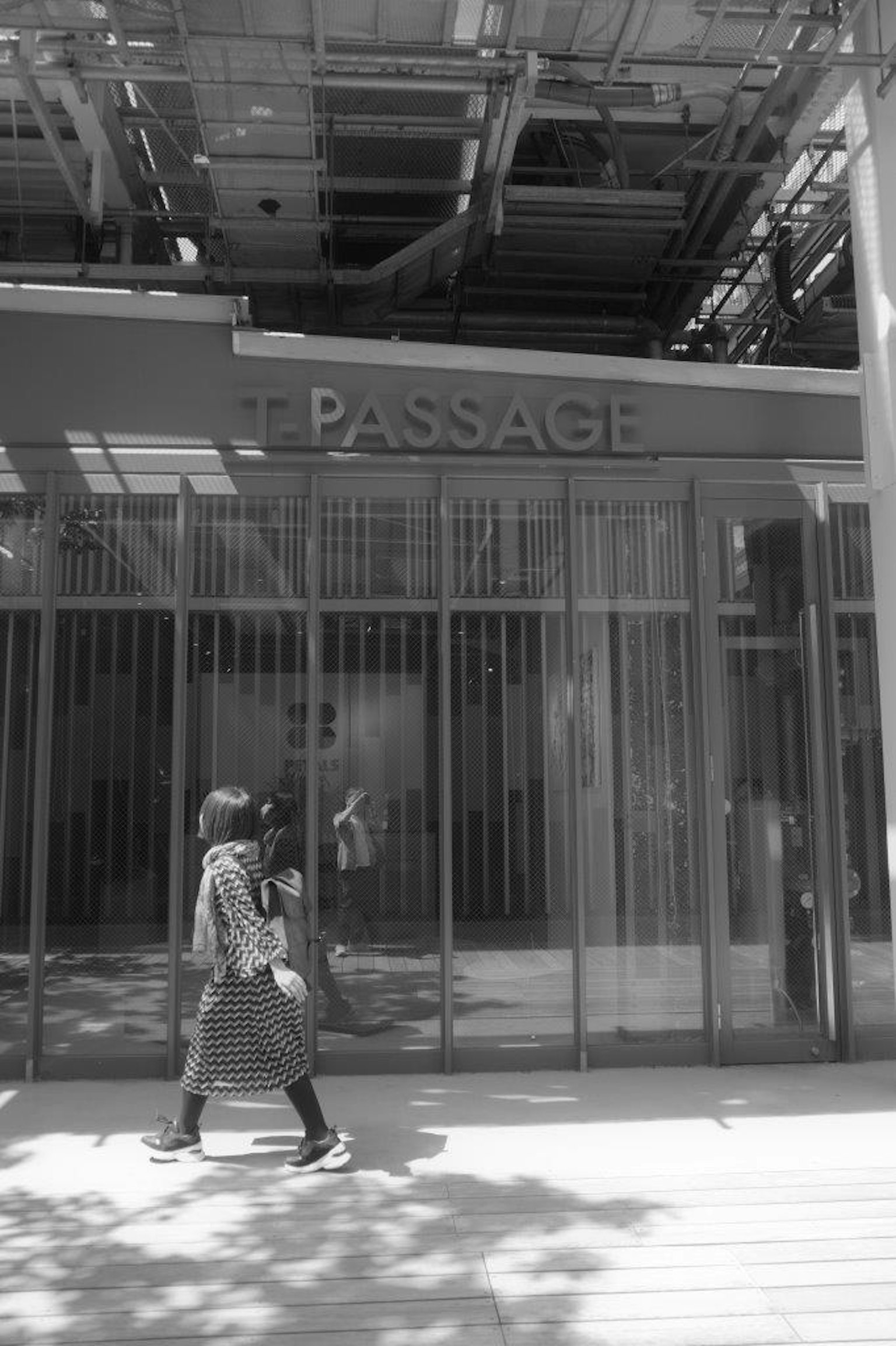Người phụ nữ đi bộ trước cửa kính có nhãn Passage