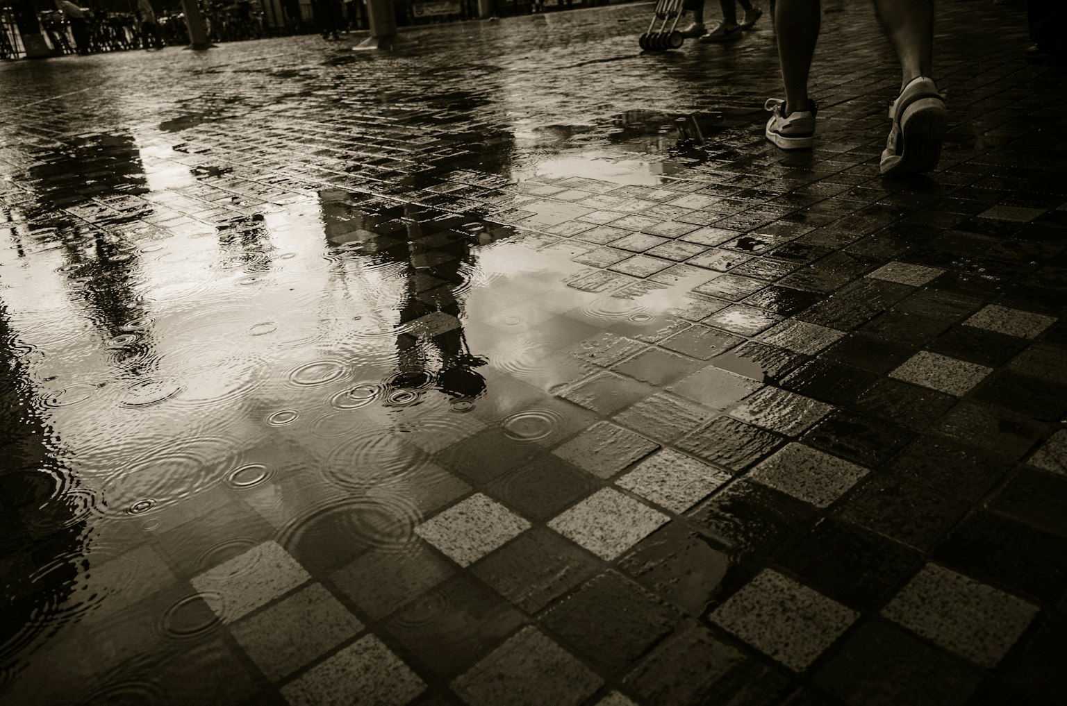 Footsteps on a rain-soaked cobblestone surface reflecting surroundings