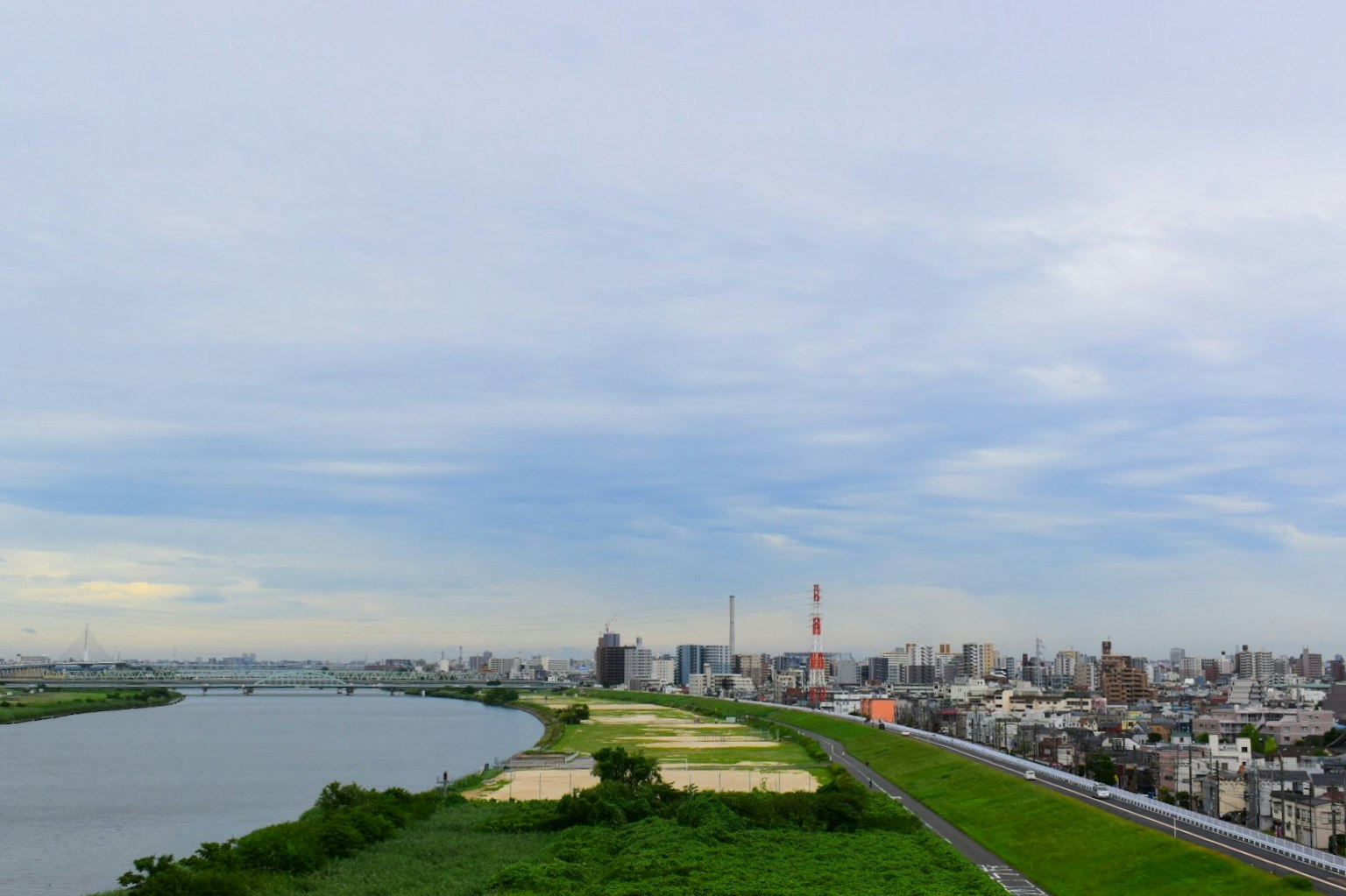 Pemandangan panorama sungai dan cakrawala kota