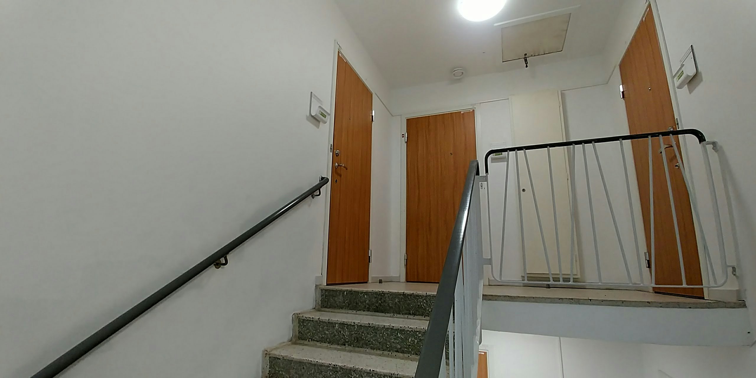 Hành lang trong nhà có cầu thang, tay vịn và kệ