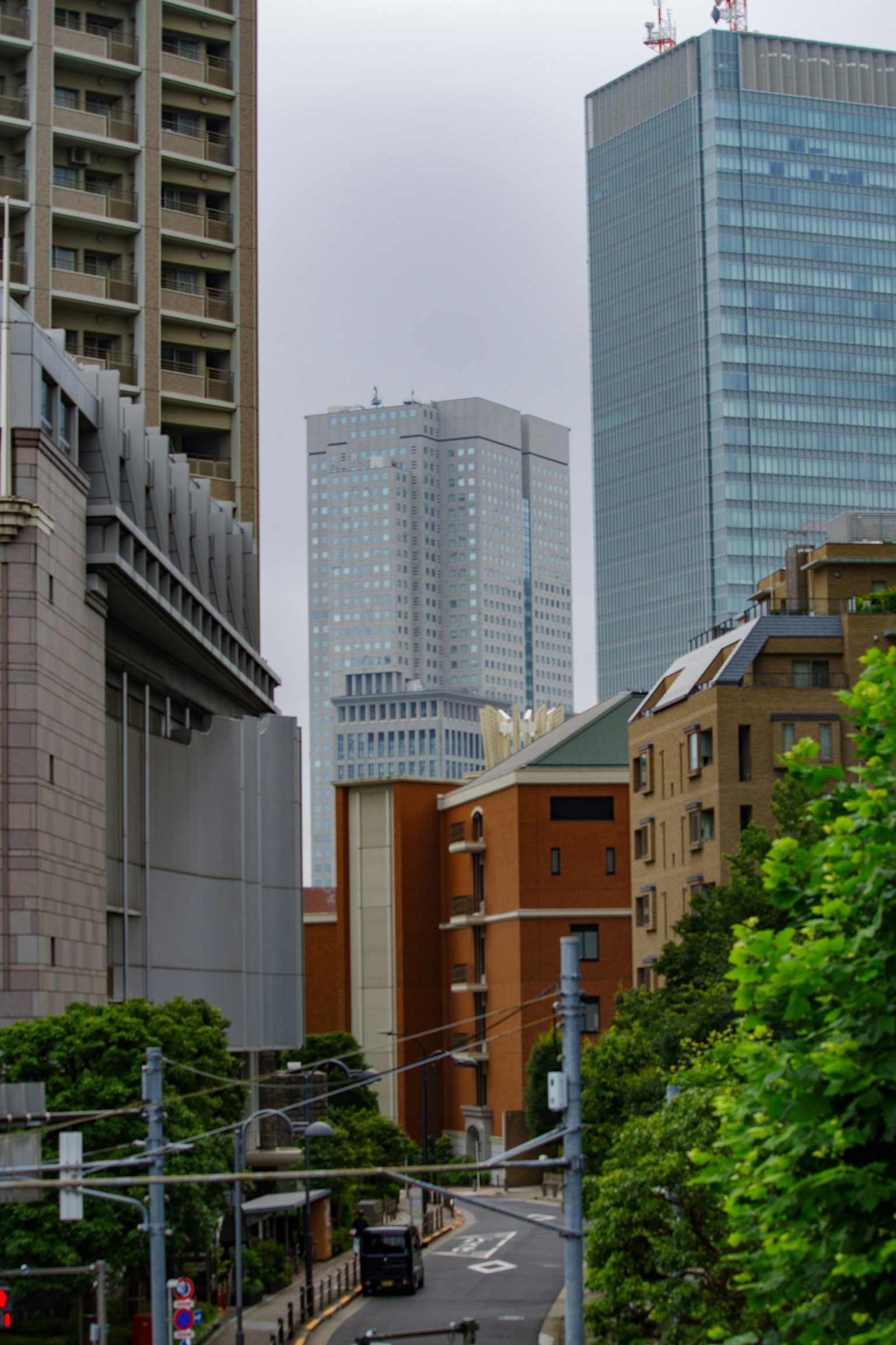 Urban landscape featuring skyscrapers and green trees