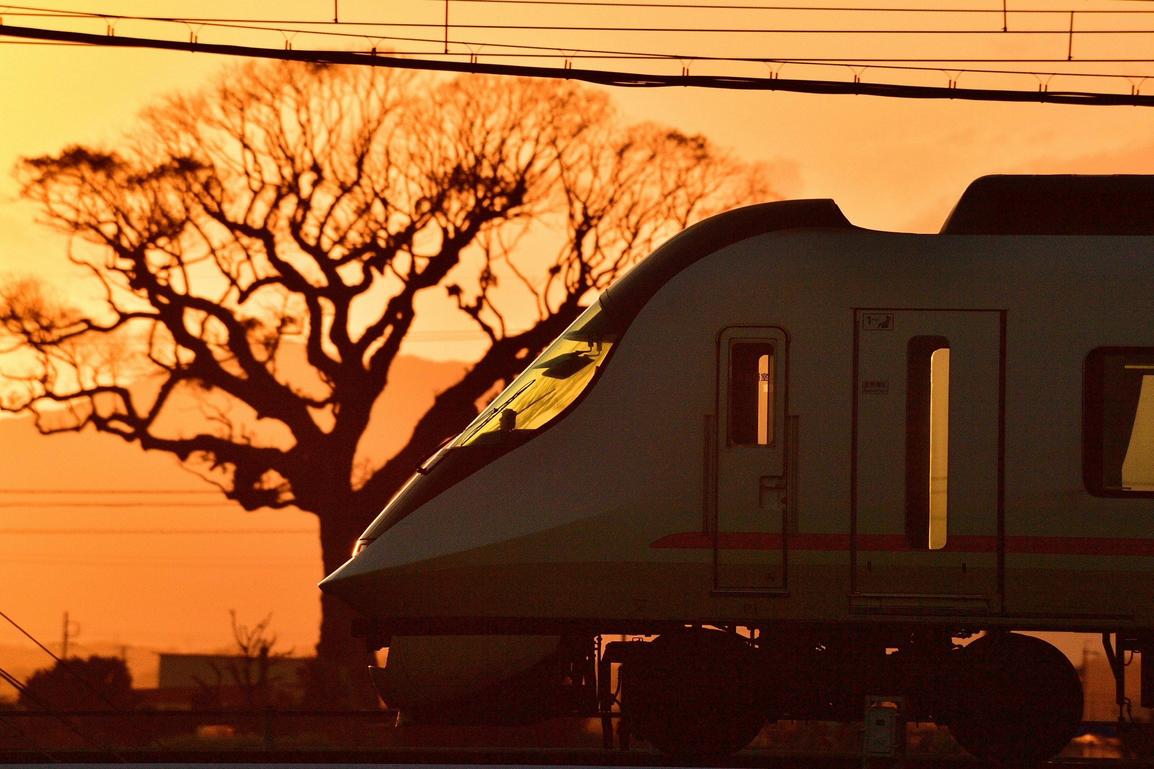 夕日に照らされた列車と車両のある駅の風景