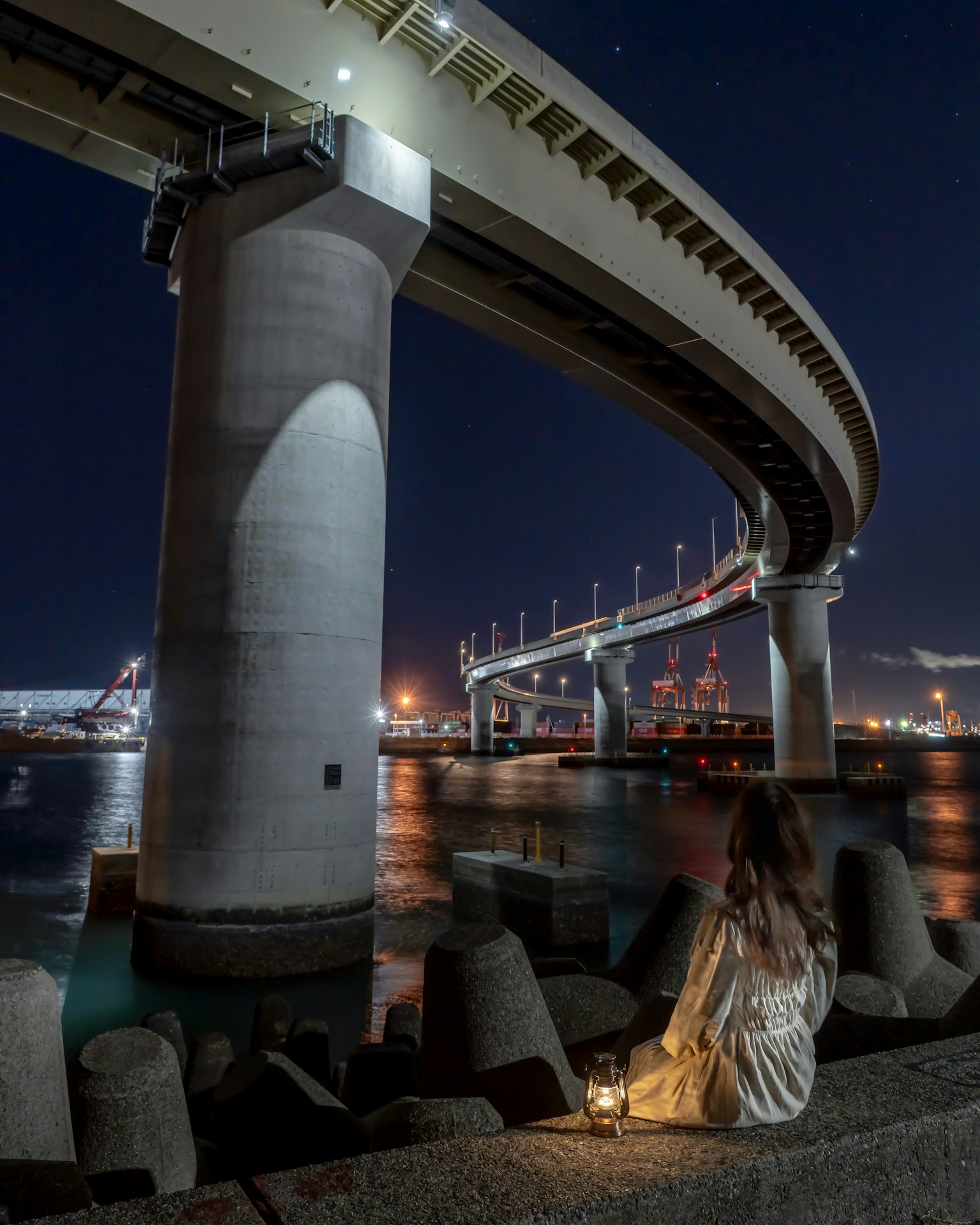 夜の海岸で橋の下に座る女性と照明のある風景