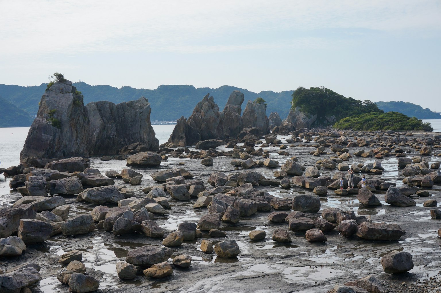 Coastal landscape with scattered rocks and distant hills