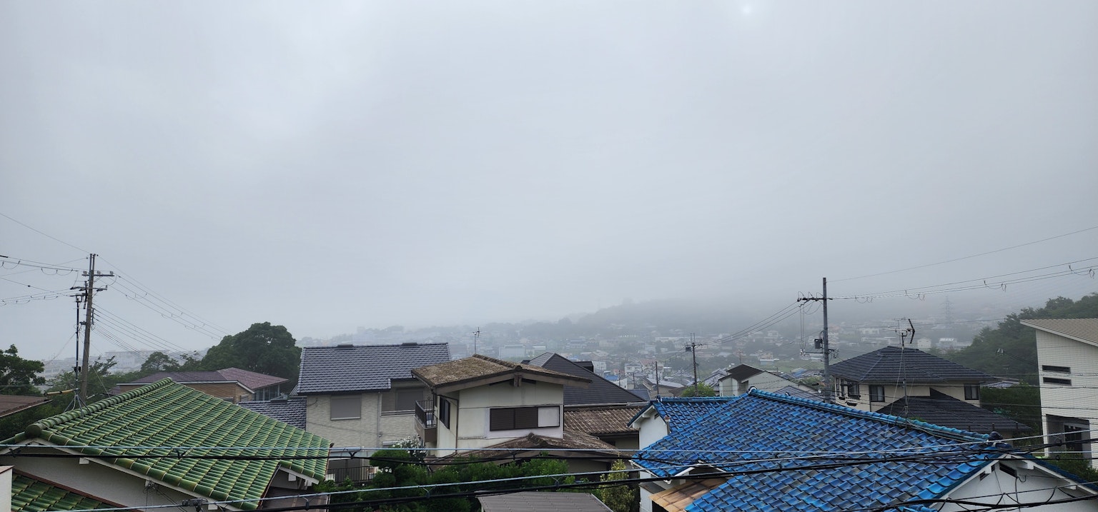 雾中的住宅区屋顶景观